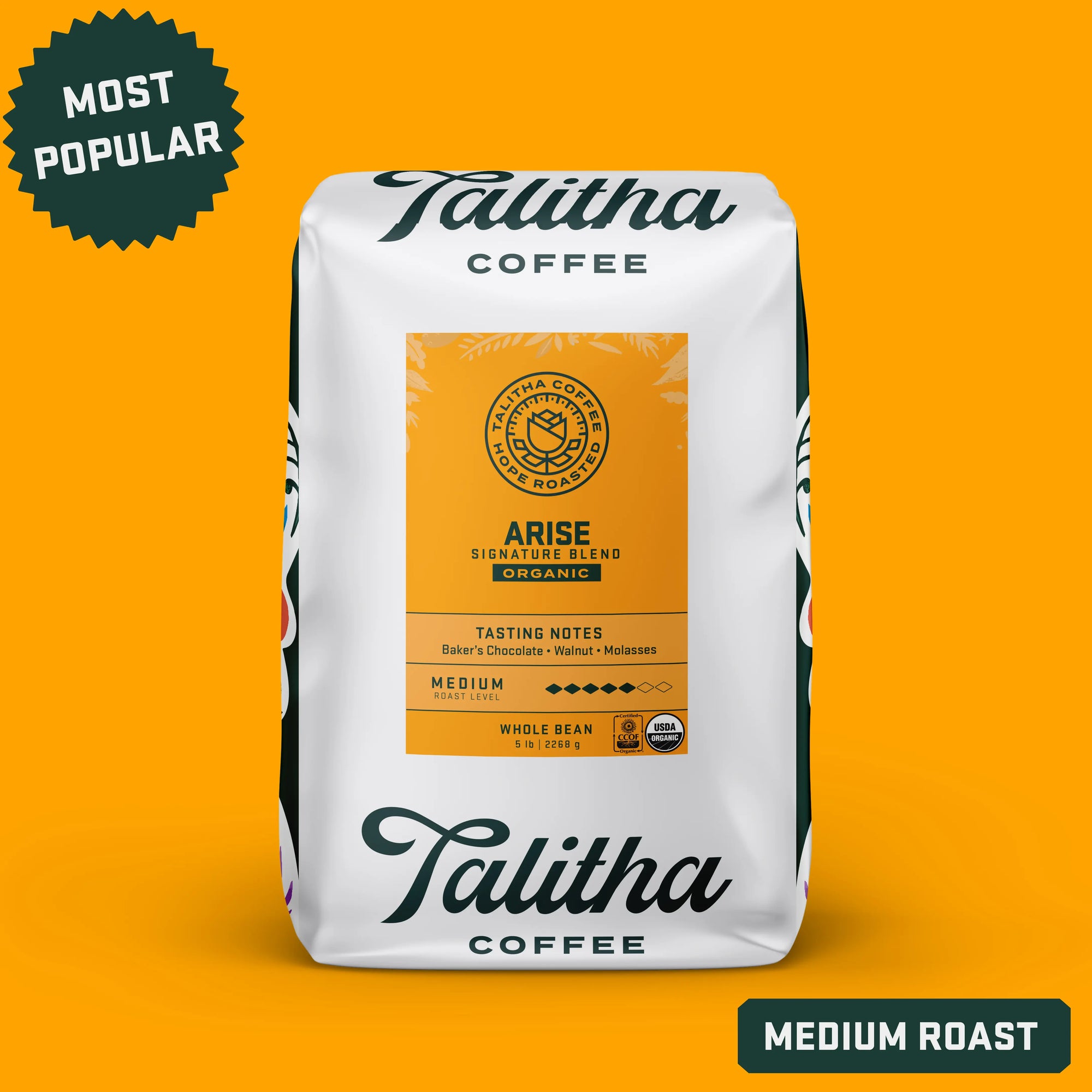 5 lb bag of Organic Medium Roast Arise Blend coffee with "Most Popular" label