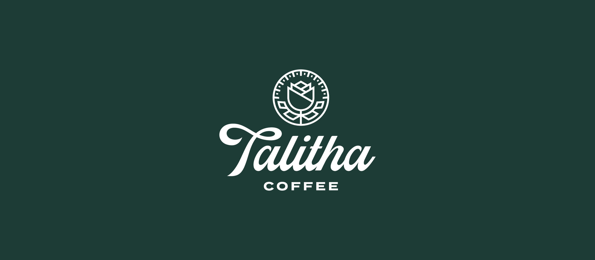 Talitha Coffee full logo in white on dark green background