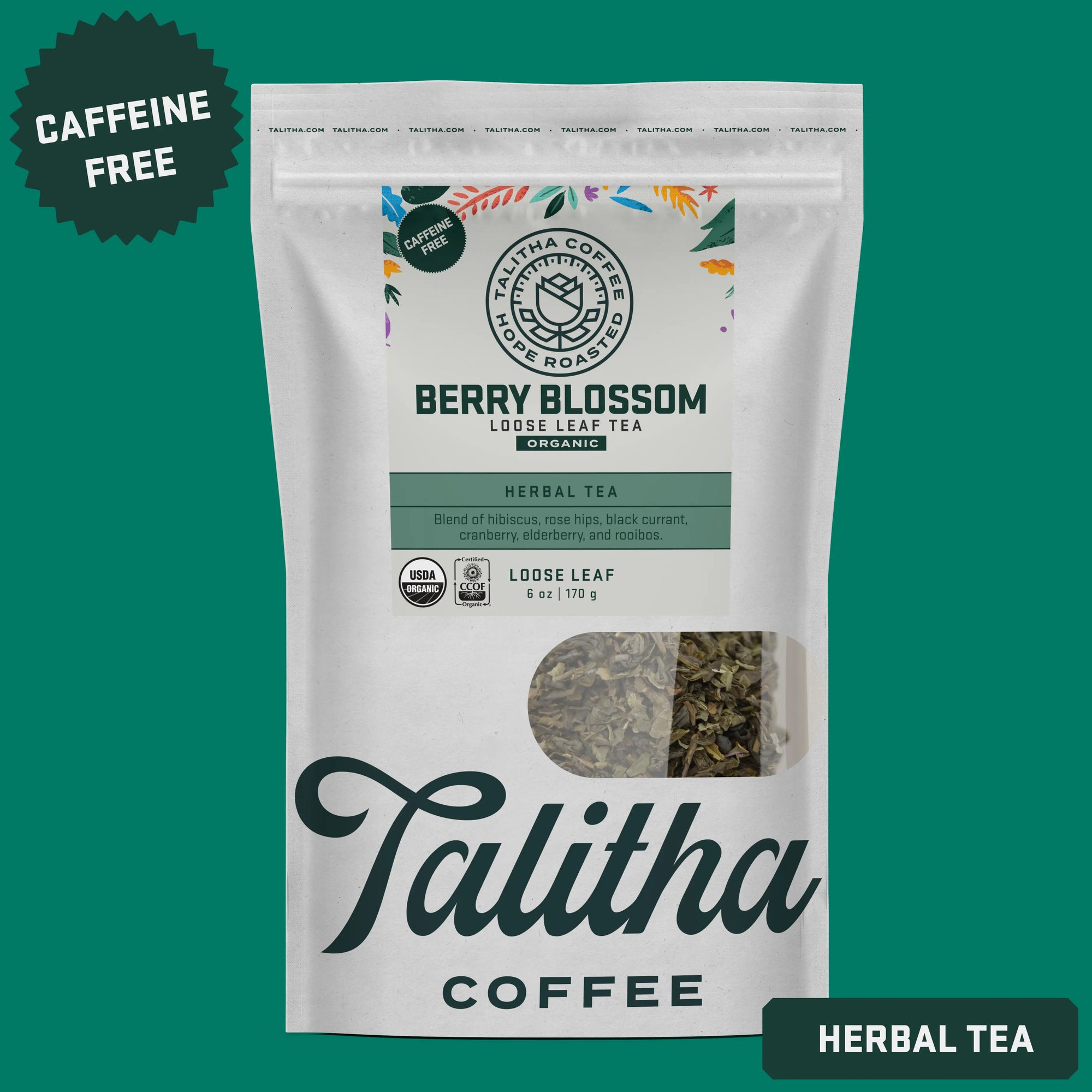 Packaging of Berry Blossom herbal tea by Talitha Coffee showing the product name, a window displaying the loose leaf tea, and the brand's logo.