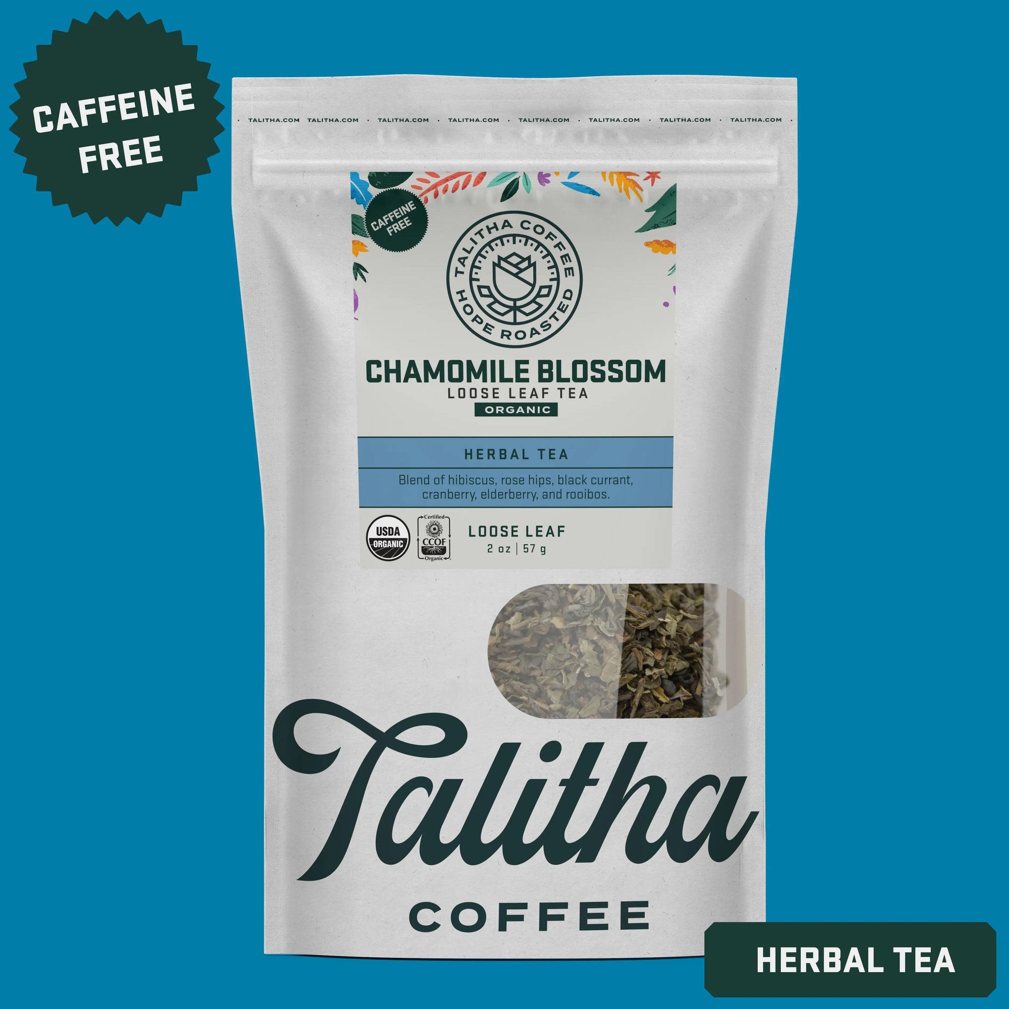 A package of Talitha Chamomile Blossom herbal tea, caffeine-free, loose-leaf variety, with a visible window showing the dried chamomile blossoms.