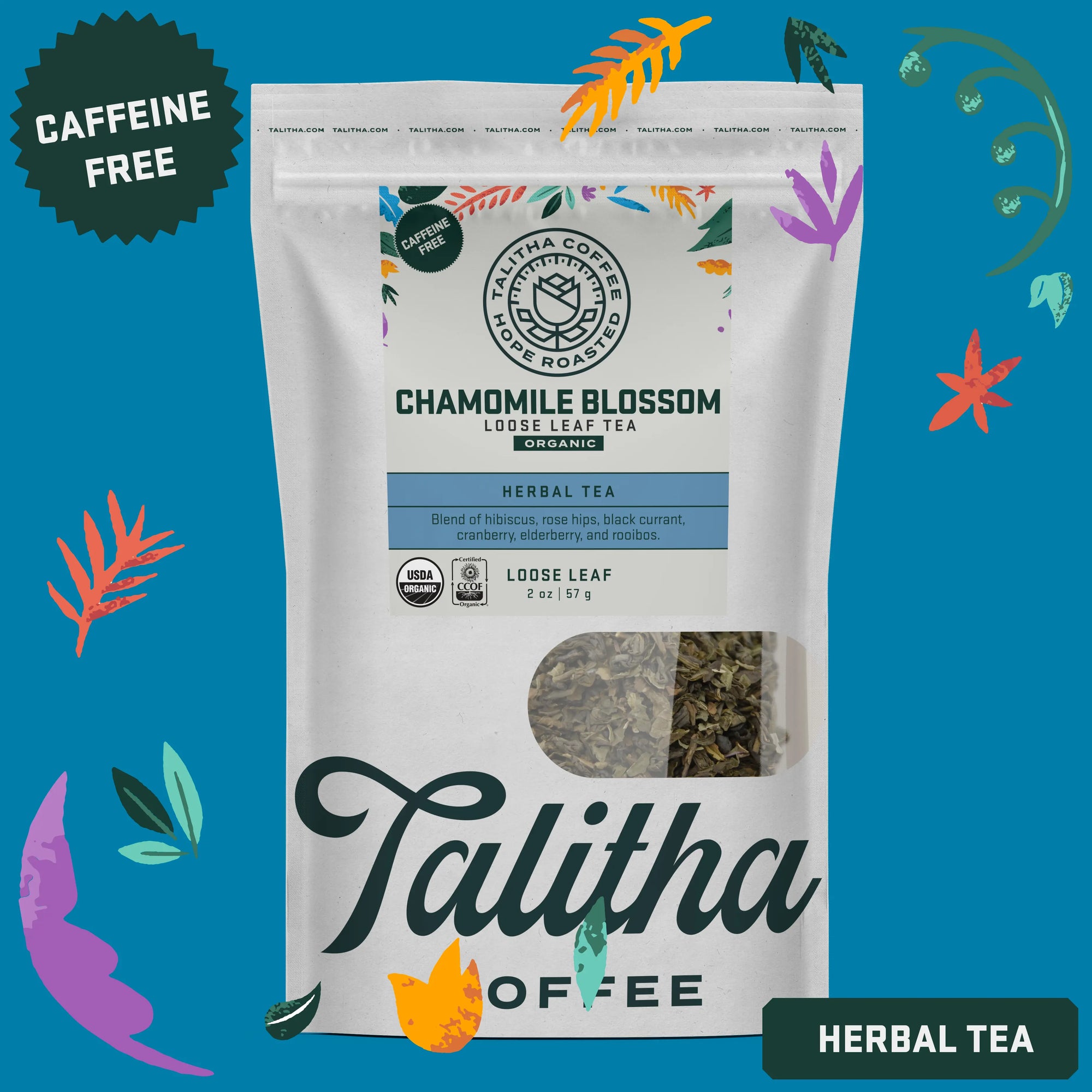 A package of Talitha Coffee brand Chamomile loose leaf green tea in a white bag with floral patterns.