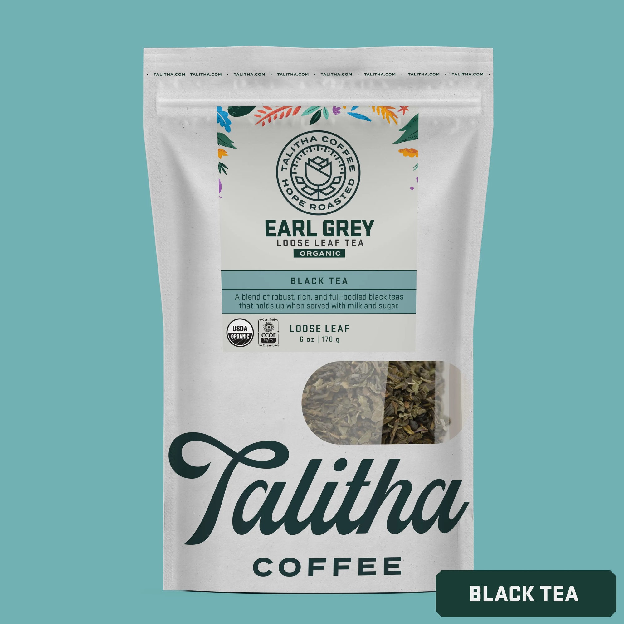 A package of Talitha Coffee brand Earl Grey loose leaf green tea in a white bag with floral patterns.