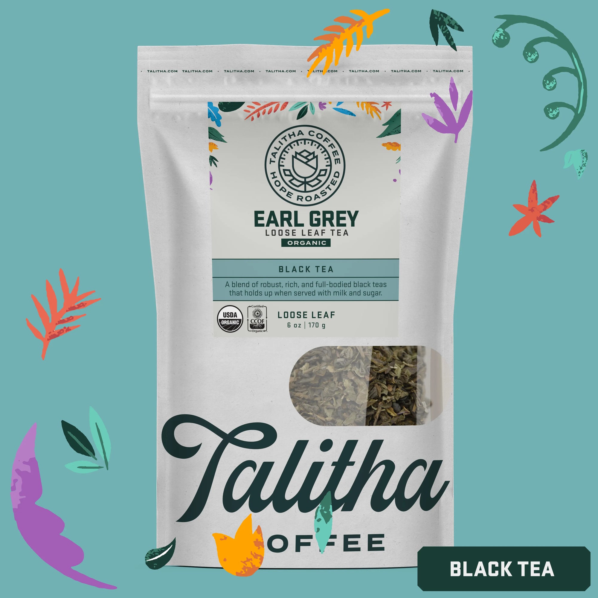 A package of Talitha Coffee brand Earl Grey loose leaf green tea in a white bag with floral patterns.
