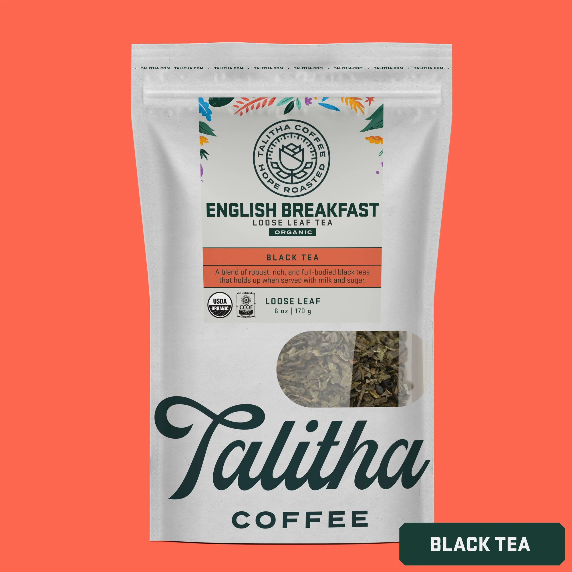 A package of Talitha Coffee brand English Breakfast loose leaf green tea in a white bag with floral patterns.