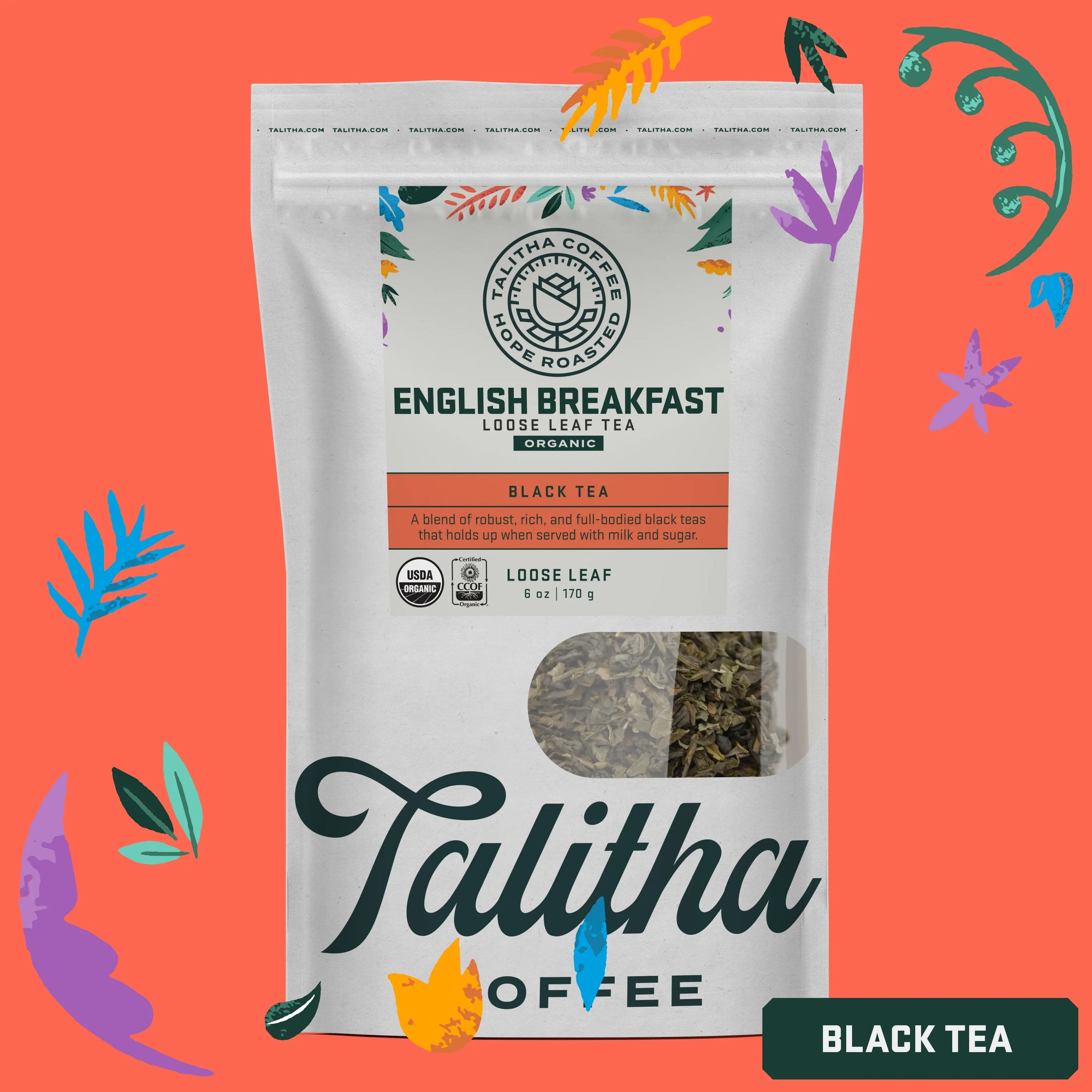 A package of Talitha Coffee brand English Breakfast loose leaf green tea in a white bag with floral patterns.