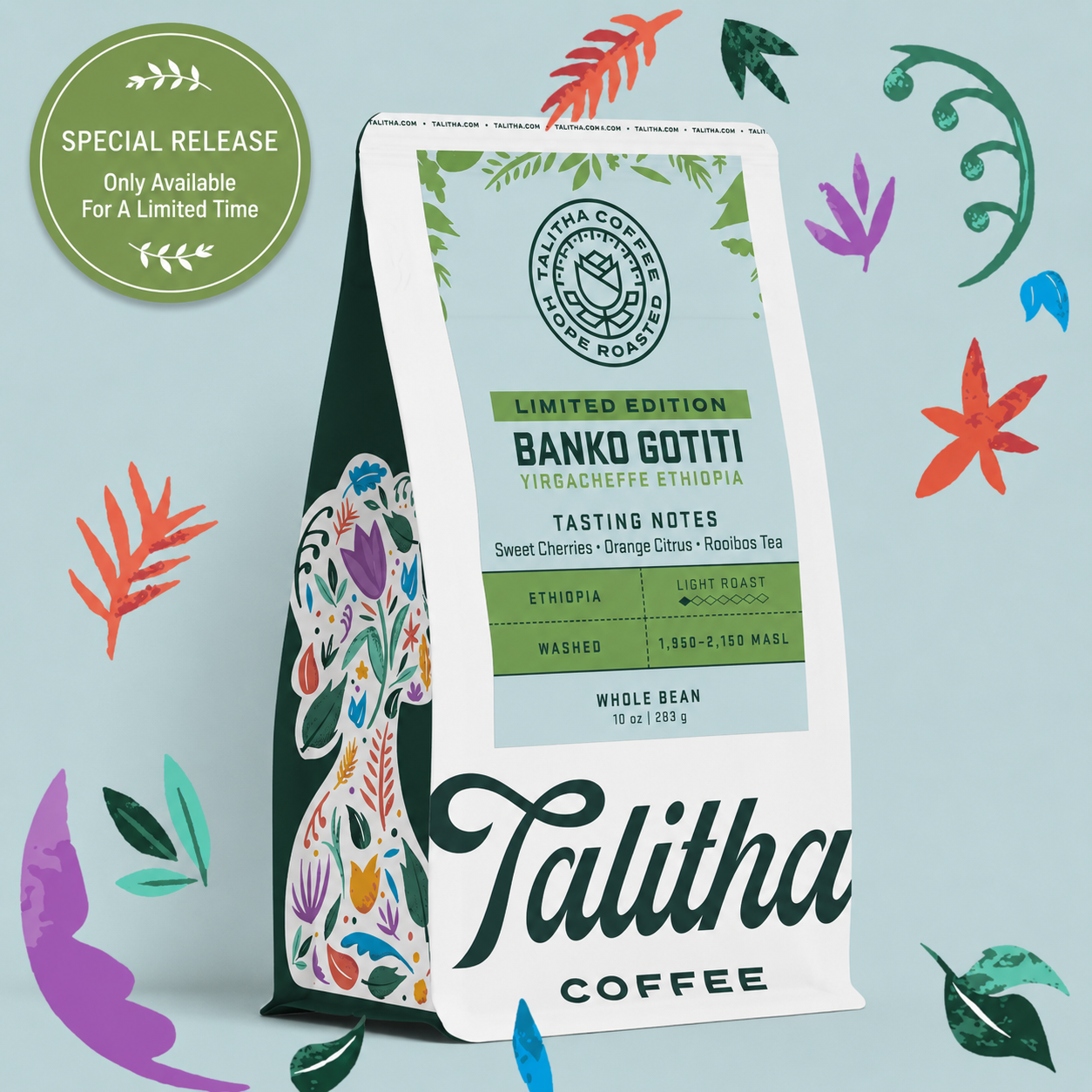 Bag of Ethiopia Banko Gotiti Limited Edition Coffee with colorful flowers