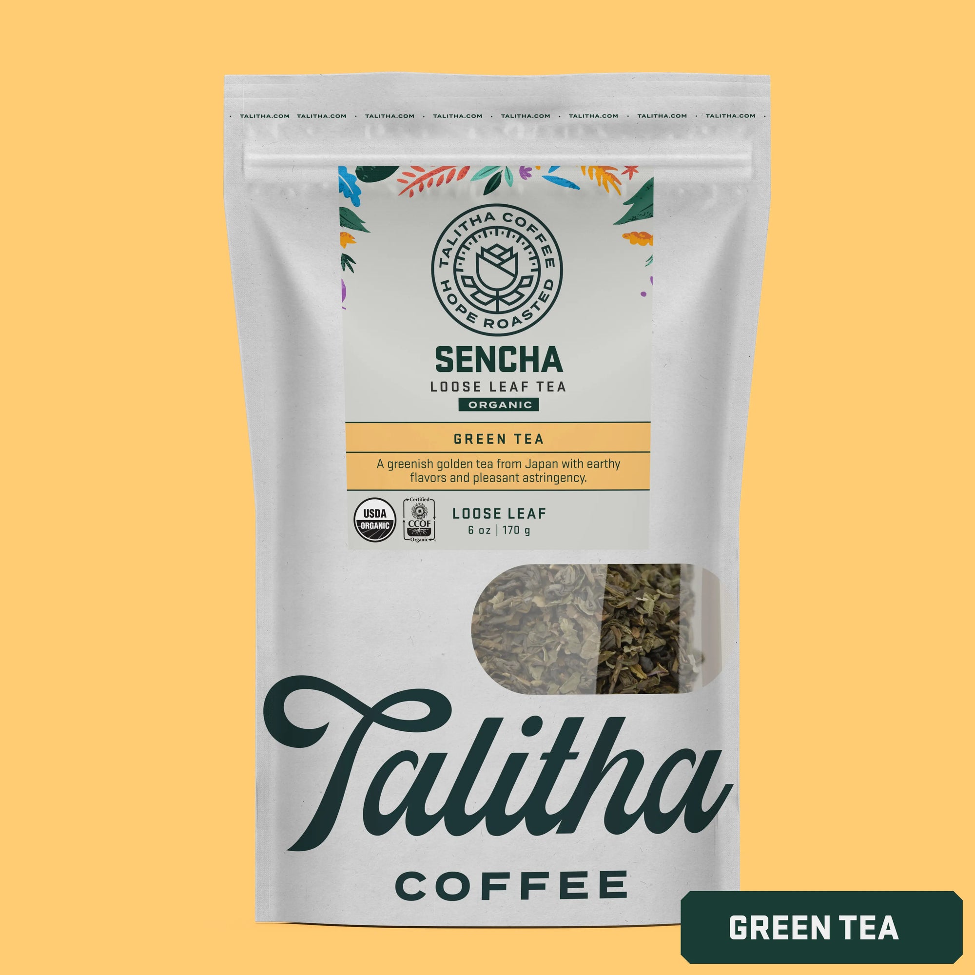 A package of Talitha Coffee brand Sencha loose leaf green tea in a white bag with floral patterns.