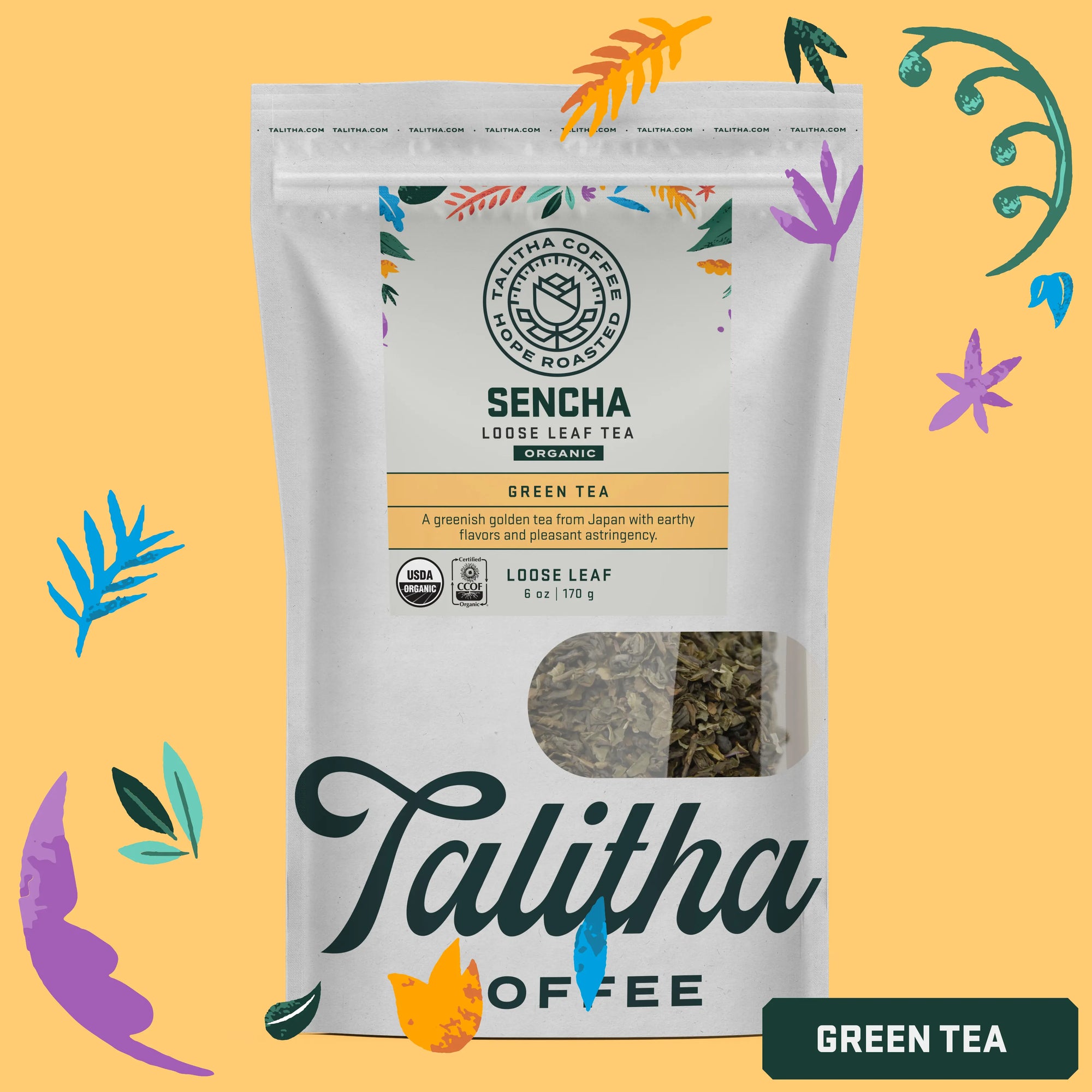 A package of Talitha Coffee brand Sencha loose leaf green tea in a white bag with floral patterns.
