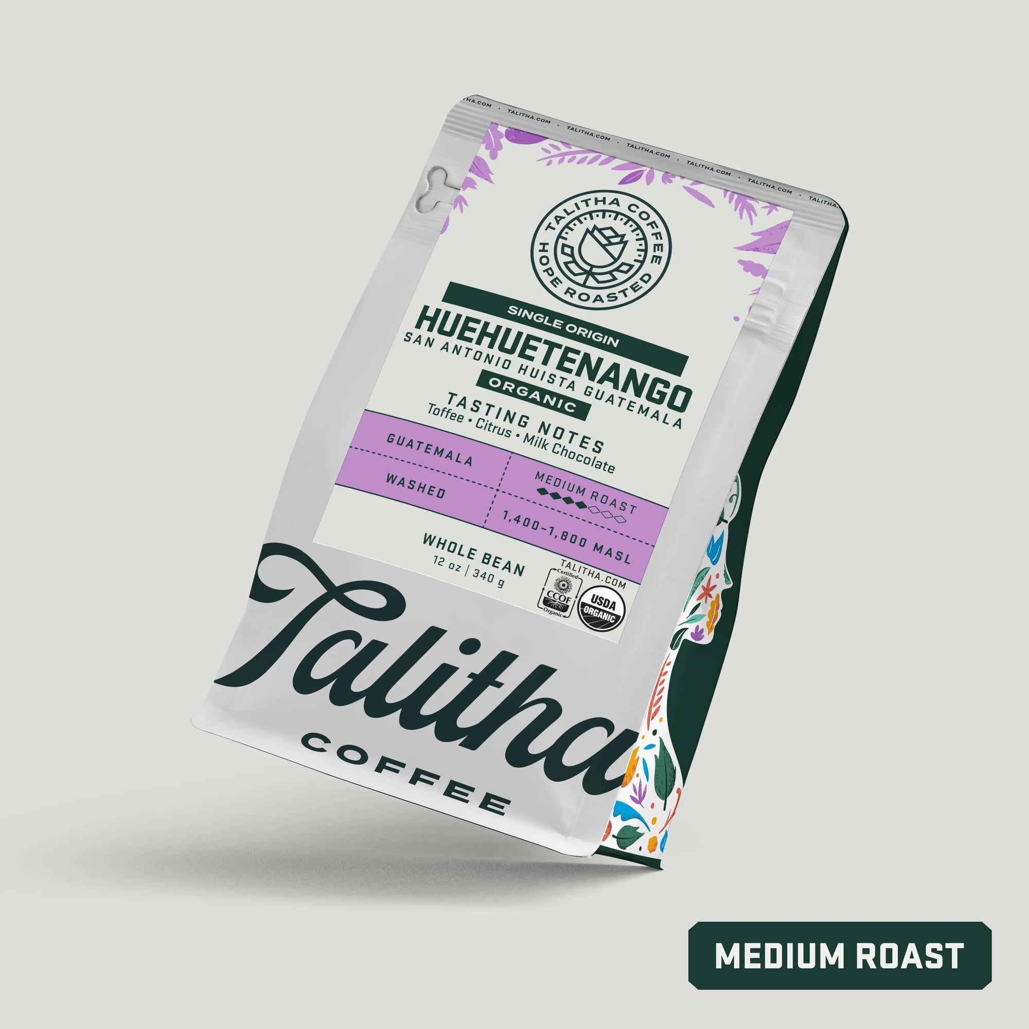 12 oz Bag of organic Talitha Guatemala Huehuetenango Single Origin coffee medium roast