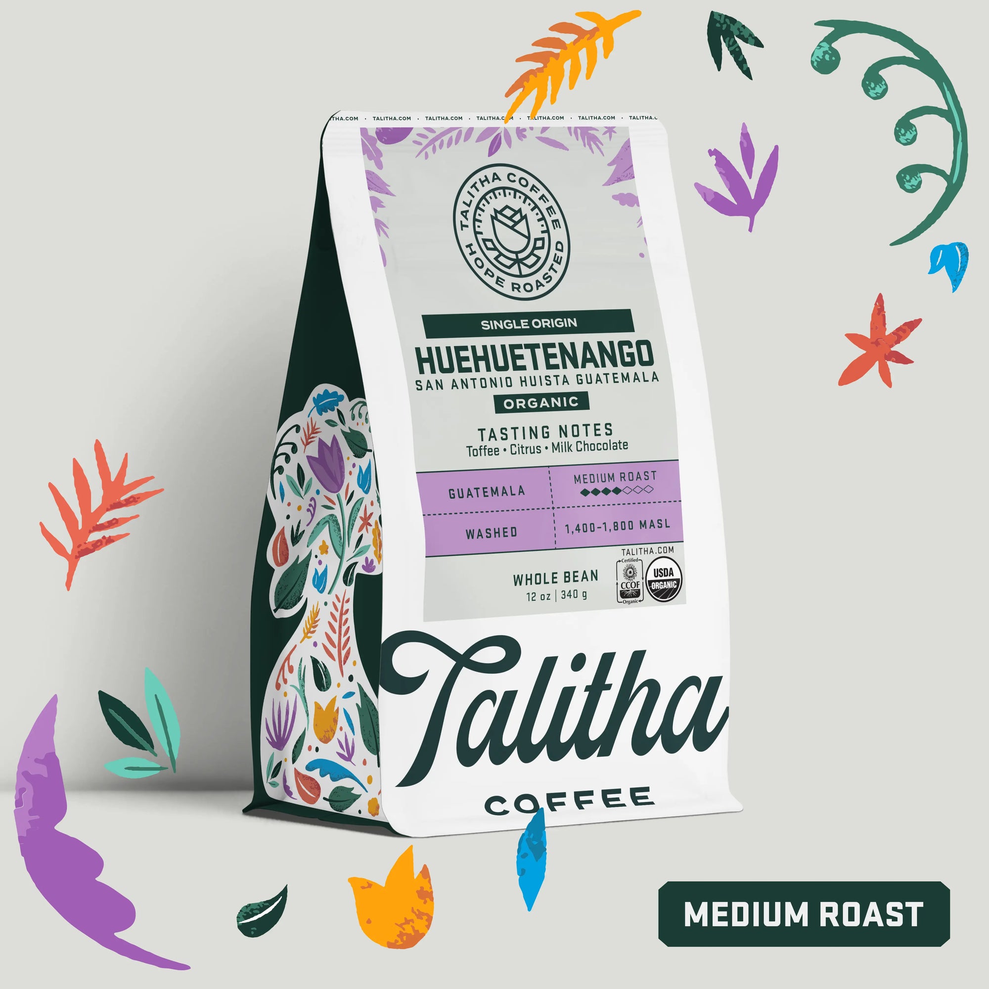 Bag of Talitha single origin organic medium roast Guatemala Huehuetenango coffee.