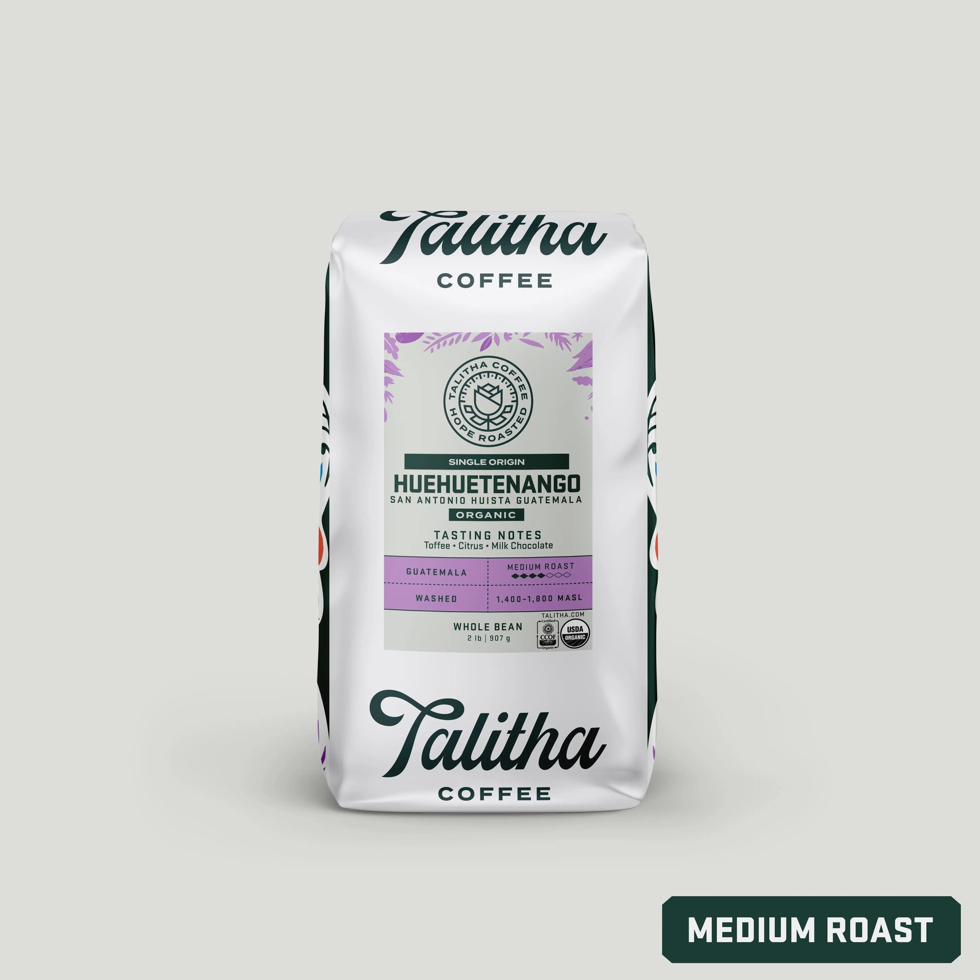 Packaging of Talitha Coffee's Huehuetenango - Guatemala coffee, indicating medium roast.