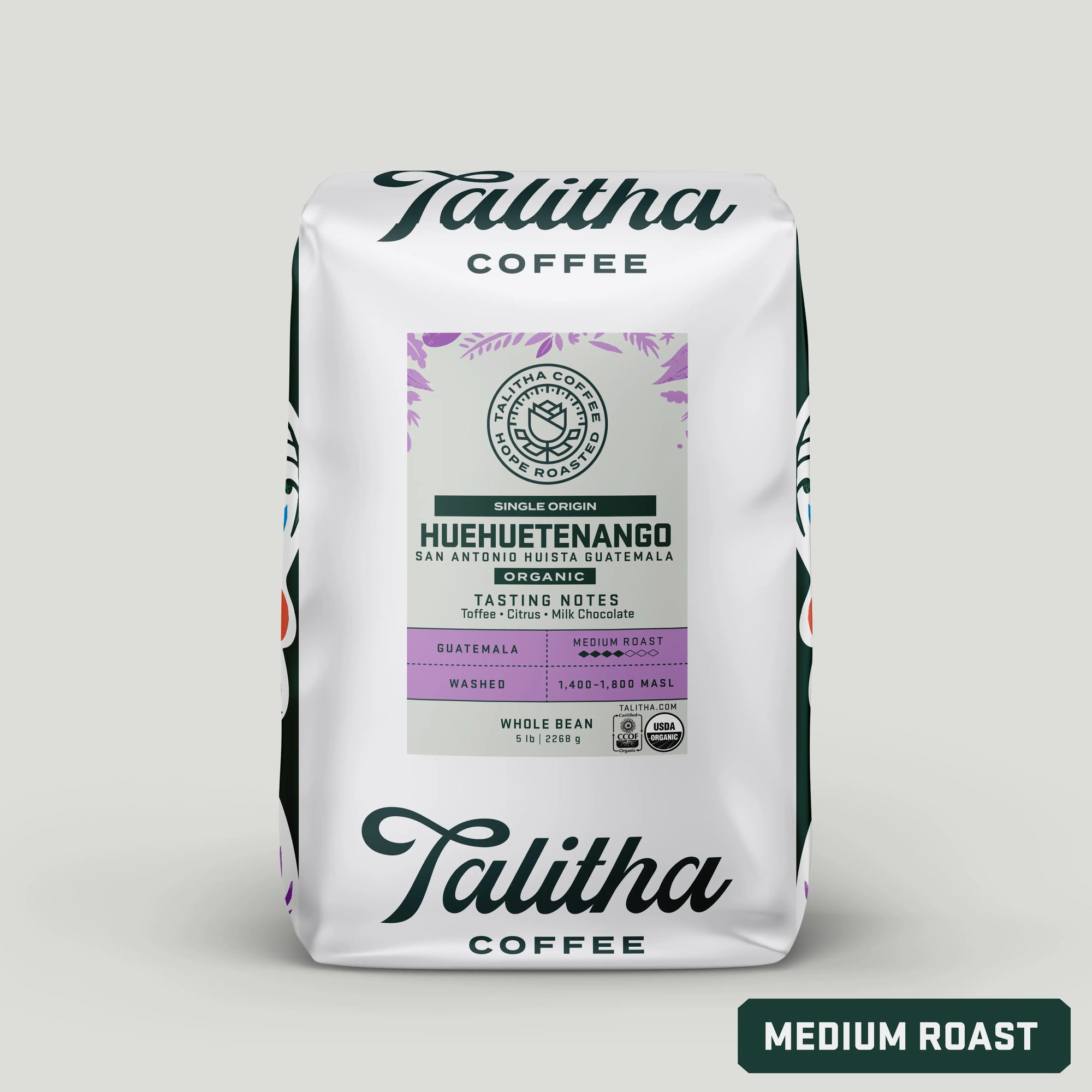 Packaging of Talitha Coffee's Huehuetenango - Guatemala coffee, indicating medium roast.