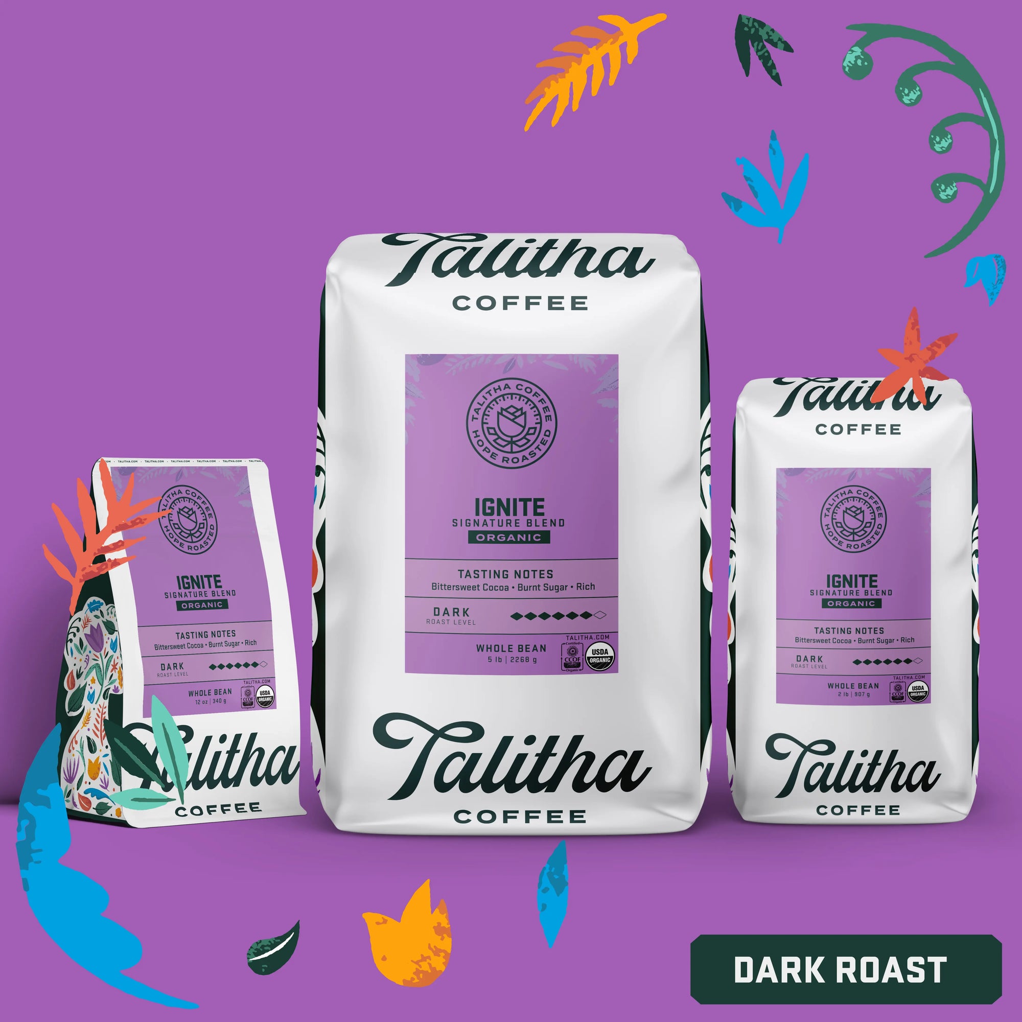 Talitha organic dark roast Ignite blend coffee bags on purple background