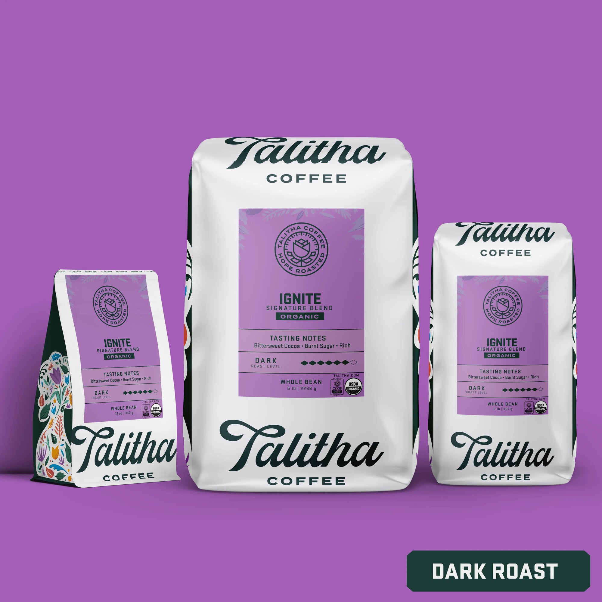 Talitha Ignite blend dark roast organic coffee bags on purple background