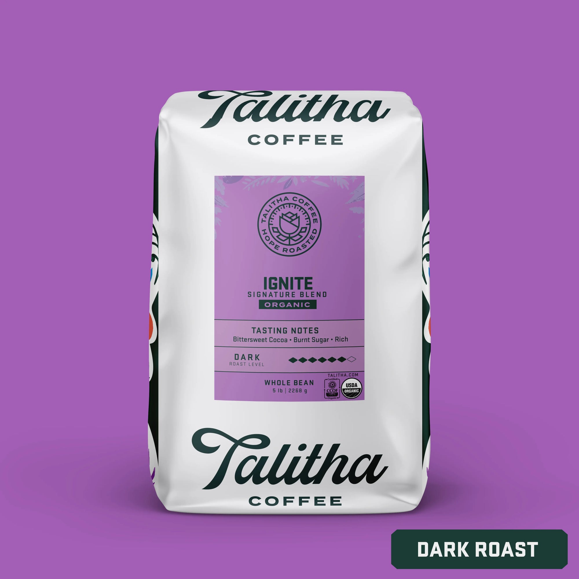 5 lb bag of Talitha Ignite blend on purple background