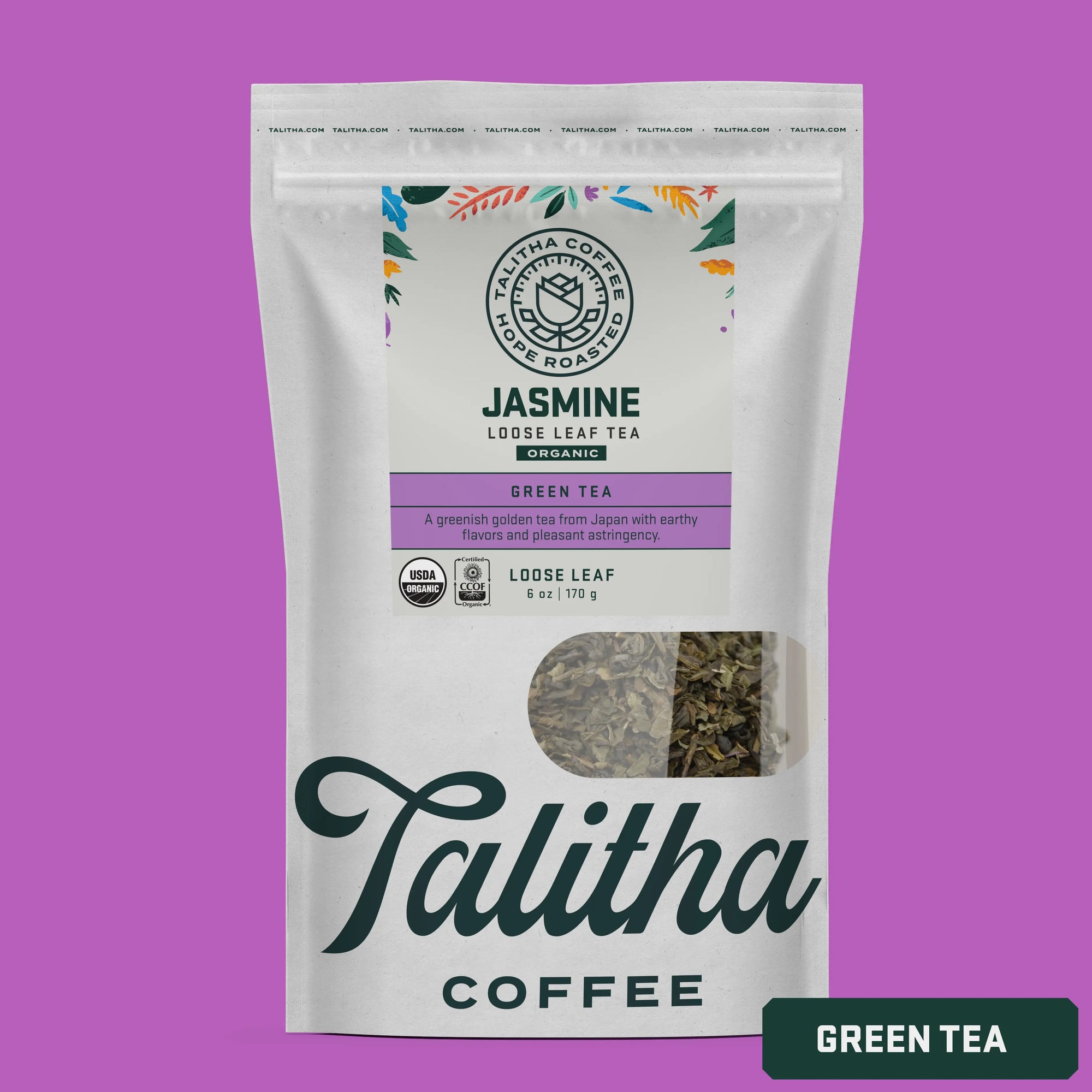 A package of Talitha Coffee brand Jasmine loose leaf green tea in a white bag with floral patterns.