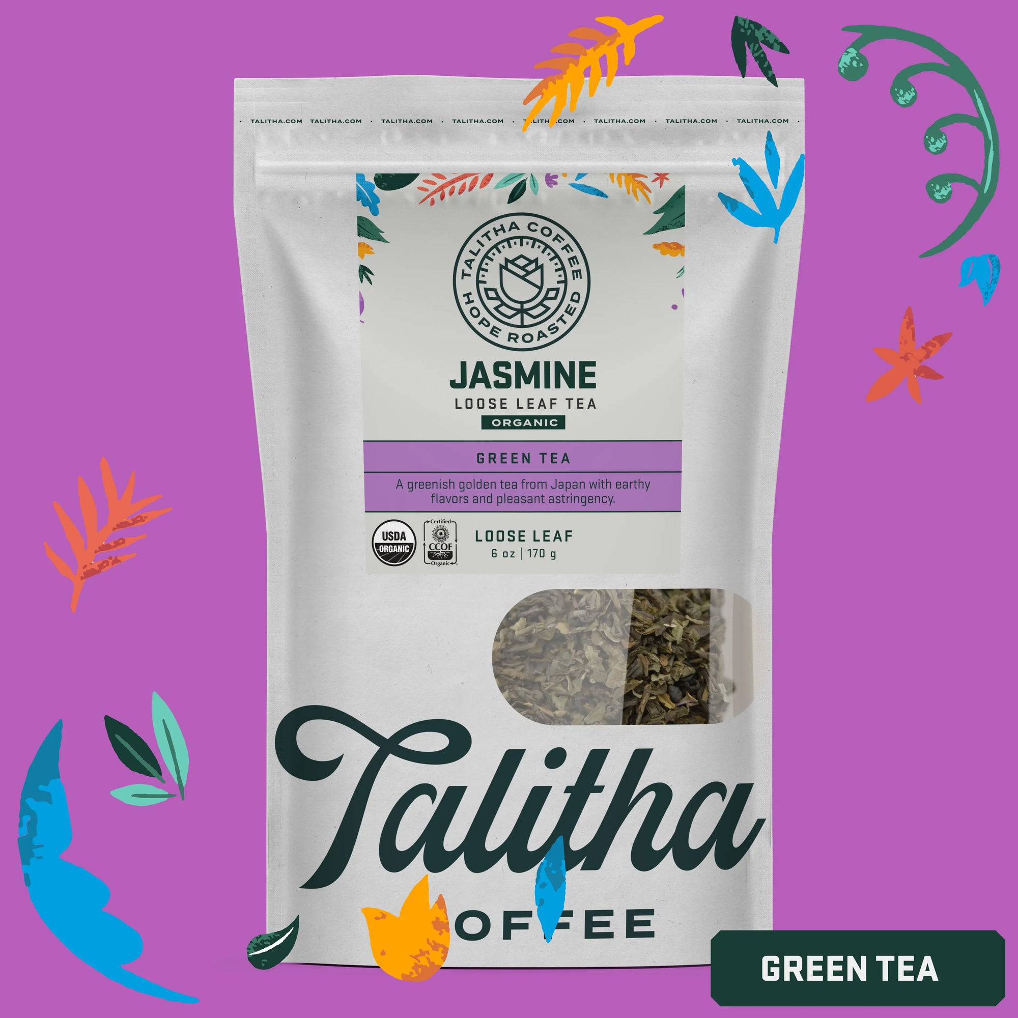 A package of Talitha Coffee brand Jasmine loose leaf green tea in a white bag with floral patterns.