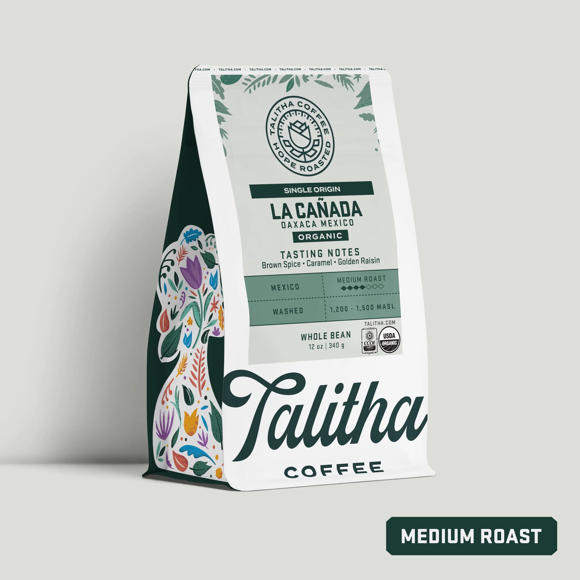 a 12 oz bag of organic Talitha Mexico La Canada Single Origin coffee medium roast