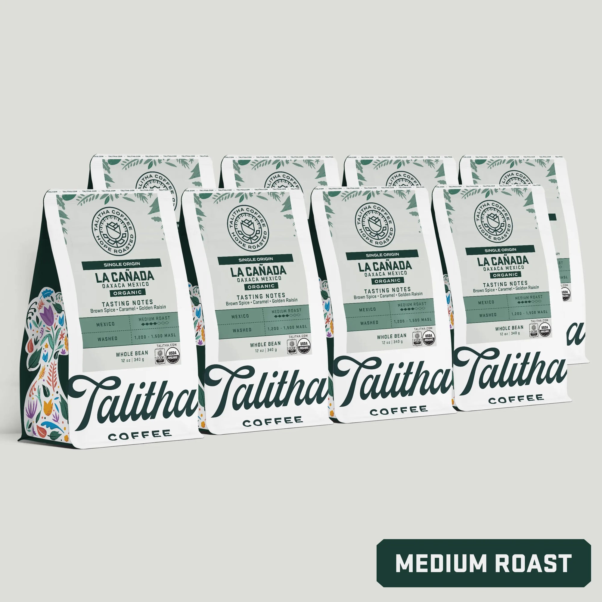 12 oz bags of Organic Medium Roast Talitha Mexico Single Origin on white background