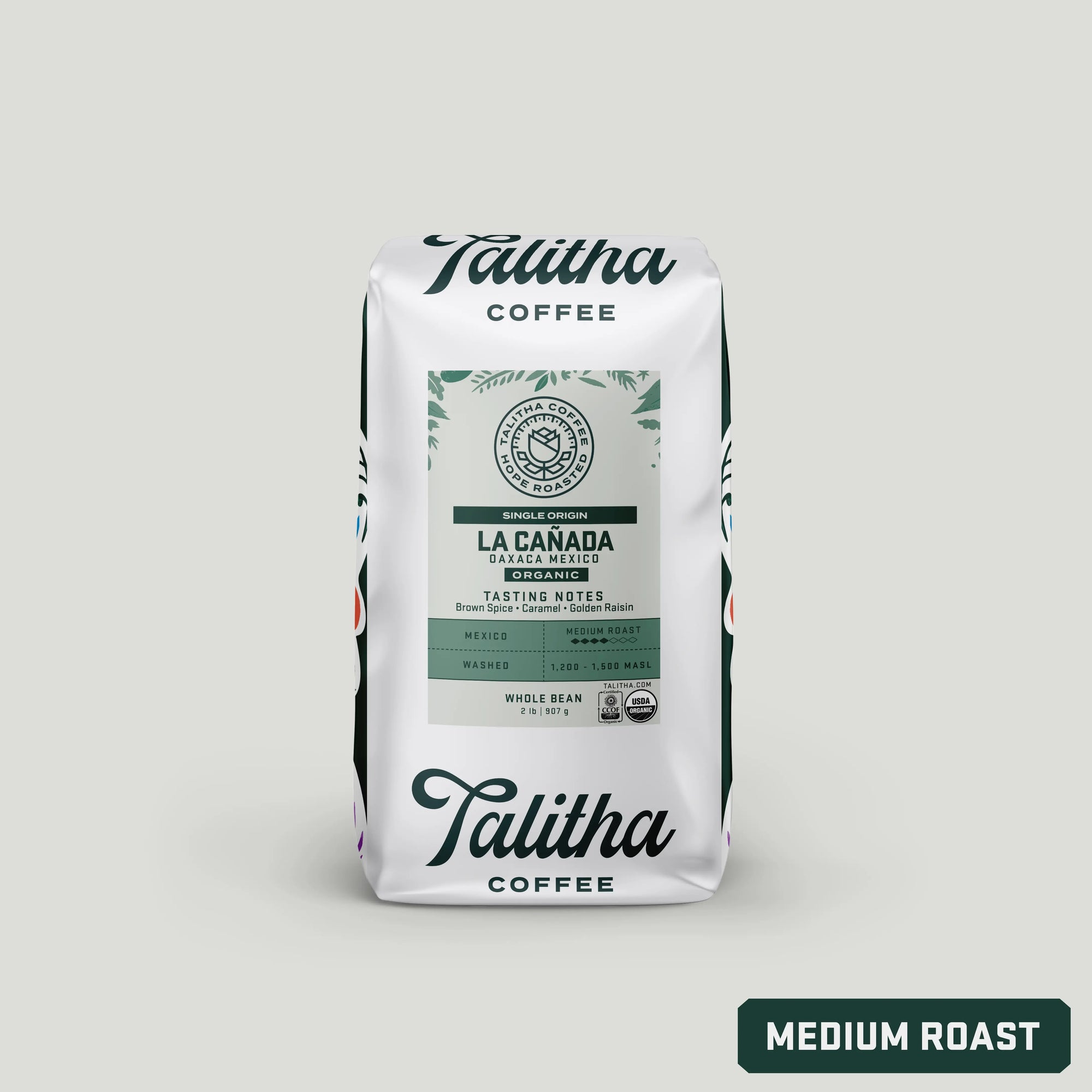 Packaging for Talitha Coffee's La Cañada coffee, showing the brand name, product name, and flavor notes, with a medium roast label at the bottom.