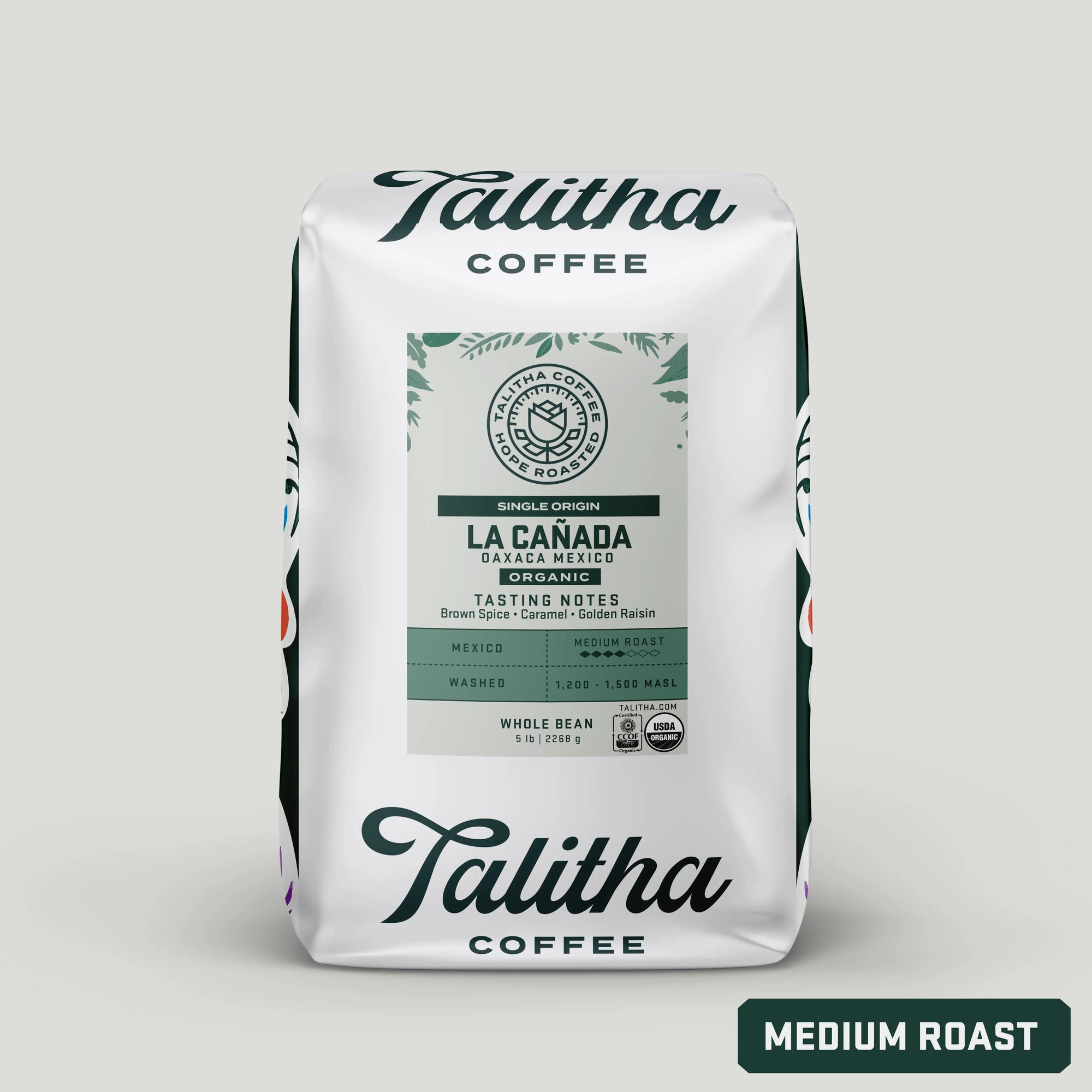 Packaging for Talitha Coffee's La Cañada coffee, showing the brand name, product name, and flavor notes, with a medium roast label at the bottom.