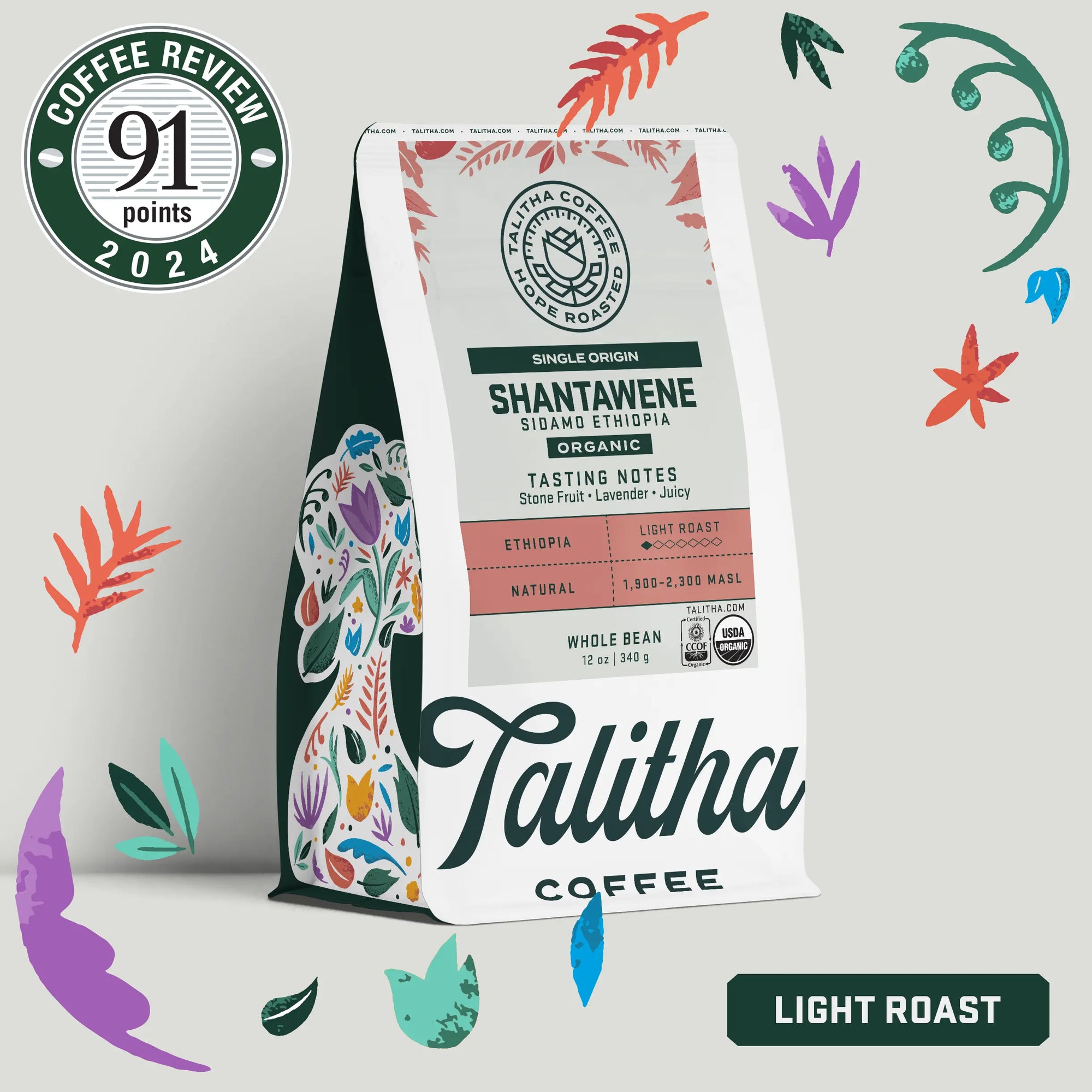 12 oz Bag of Talitha Ethiopia Shantawene light roast organic coffee. Coffee Review score of 91 points in 2024