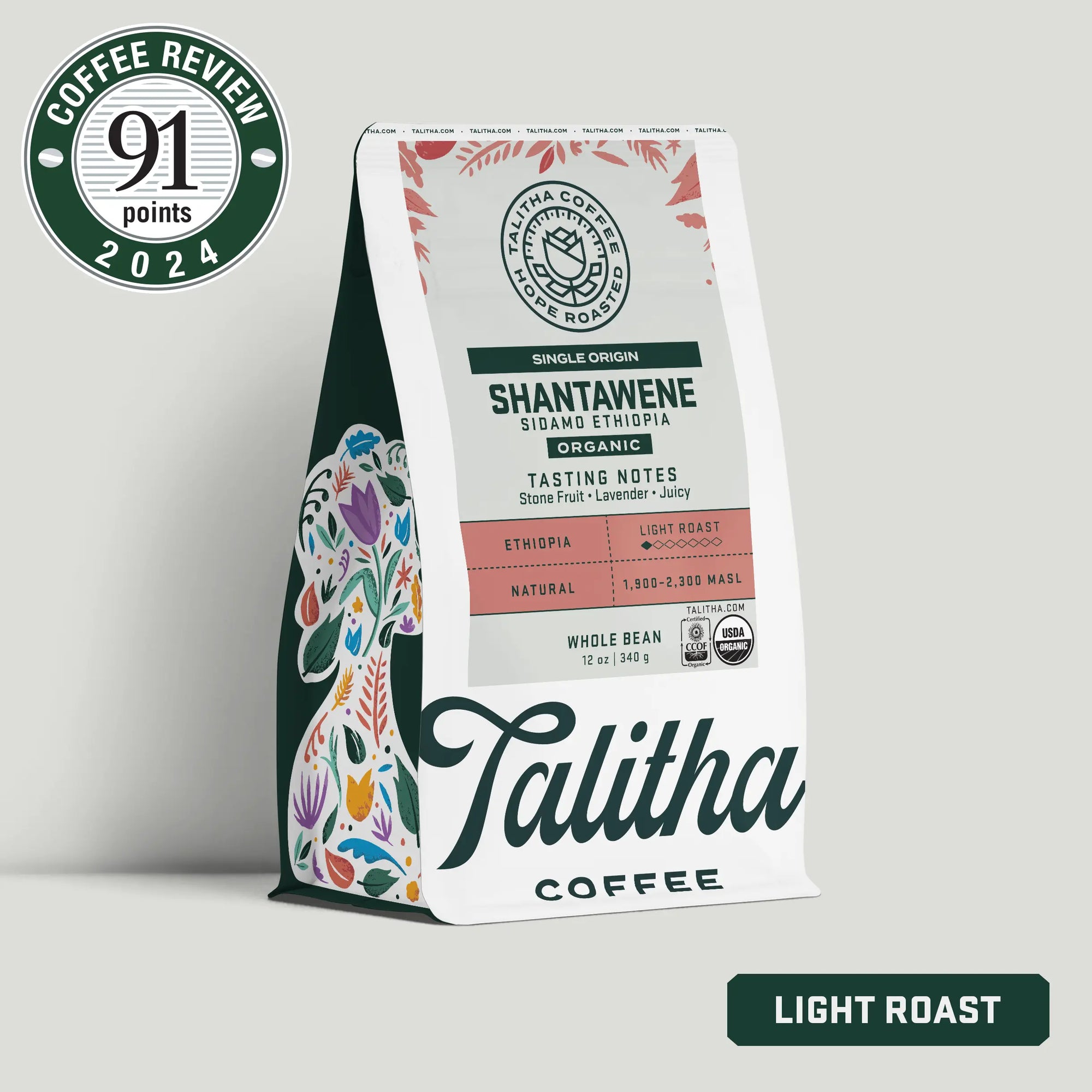 Bag of organic single origin Talitha Ethiopia Shantawene coffee light roast with a 2024 coffee review score of 91 points