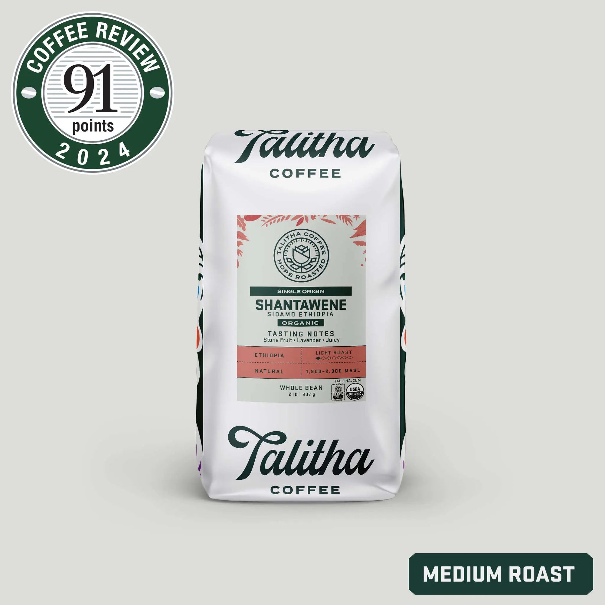 Packaging of 'Shantawene - Ethiopia' coffee by Talitha Coffee with a score of 91 points, indicating a light roast, and highlighting aroma and taste notes such as raspberry, milk chocolate, and lavender.