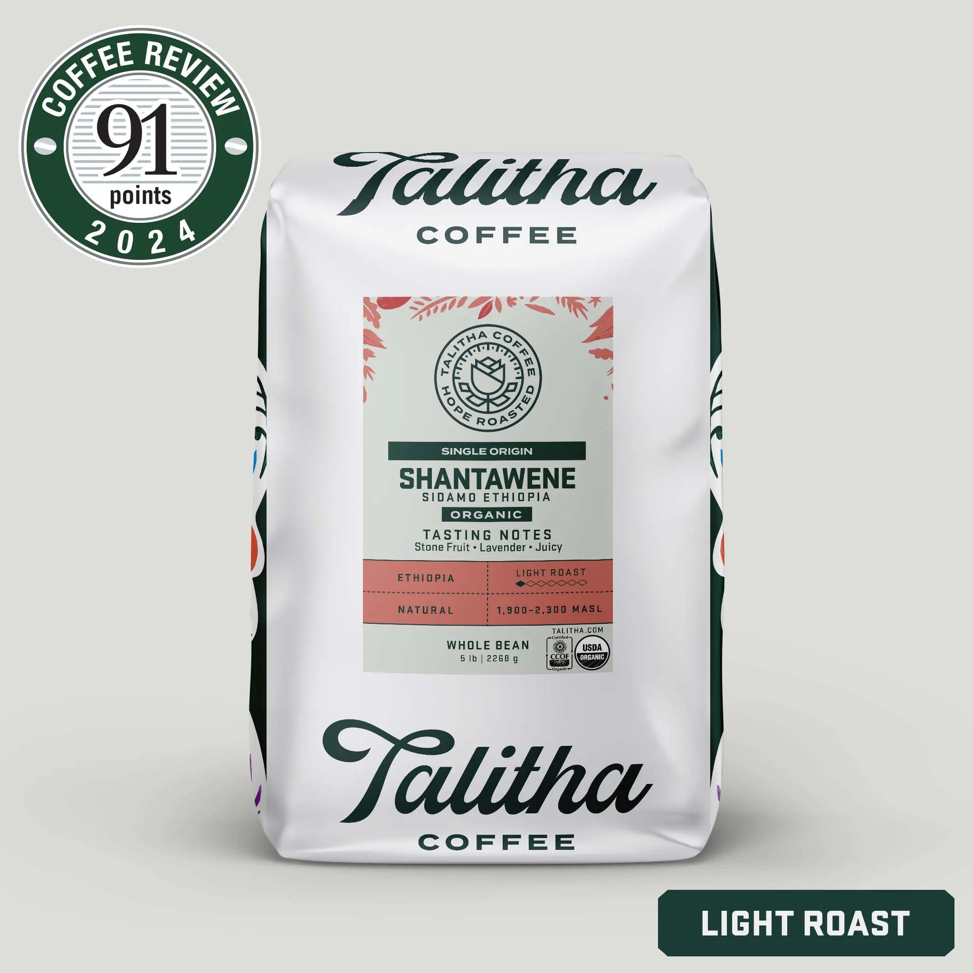 Packaging of 'Shantawene - Ethiopia' coffee by Talitha Coffee with a score of 91 points, indicating a light roast, and highlighting aroma and taste notes such as raspberry, milk chocolate, and lavender.
