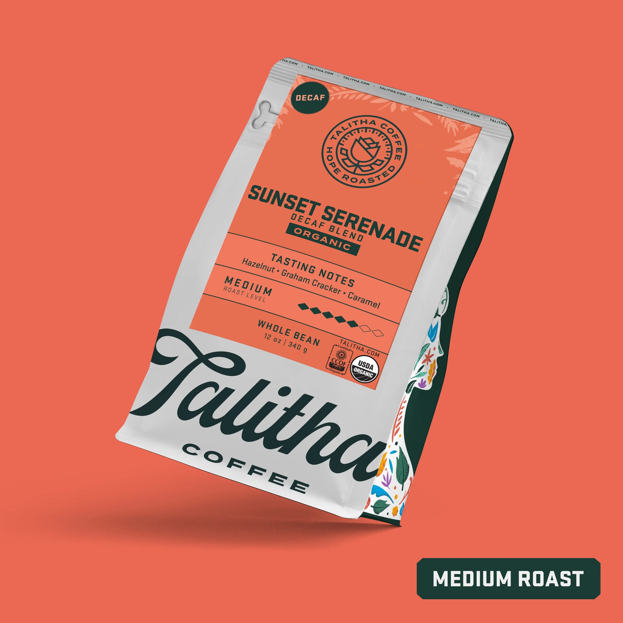 Bag of Talitha Sunset Serenade Decaf Blend 12 oz organic medium roast