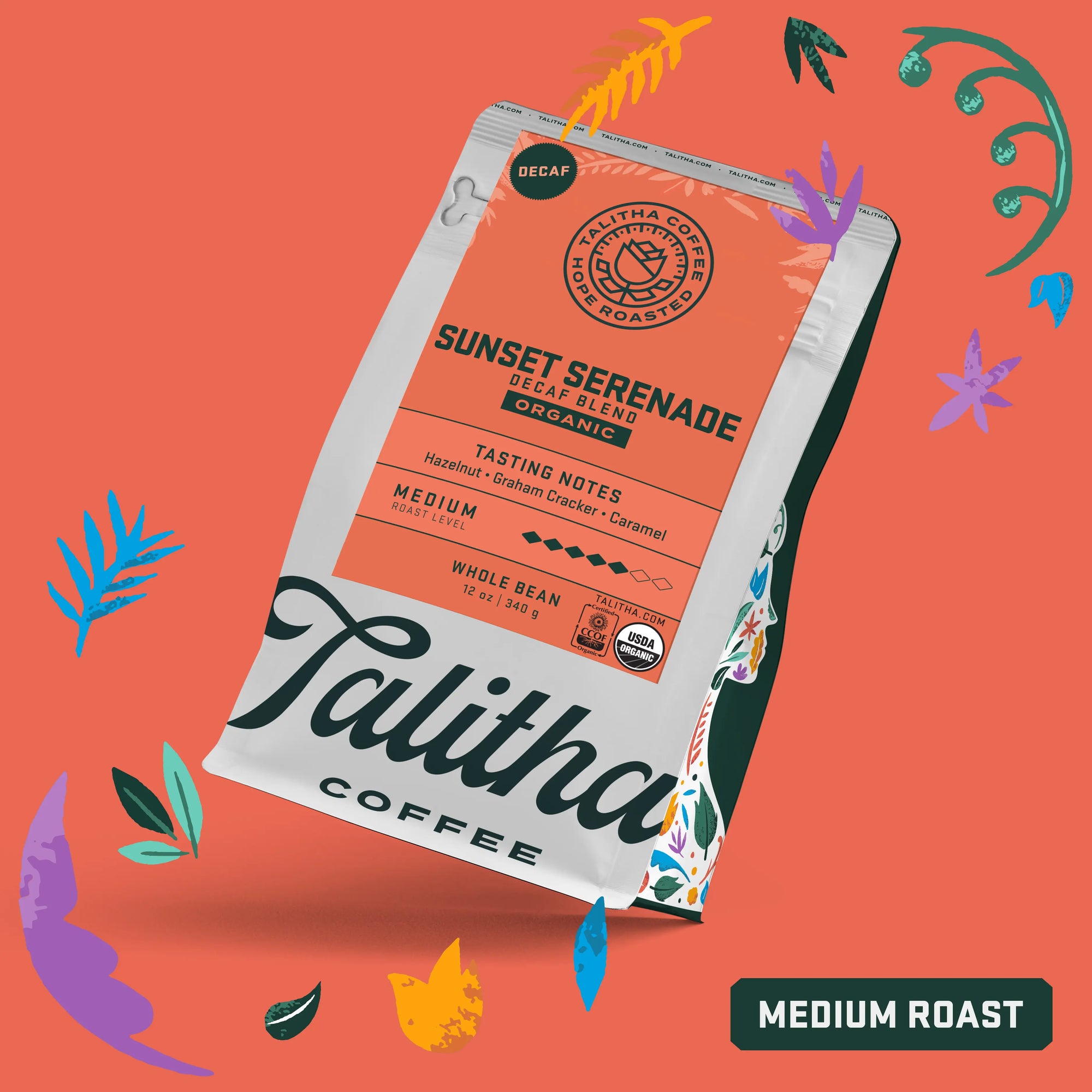 12 oz Bag of Talitha organic Sunset Serenade Decaf Blend medium roast