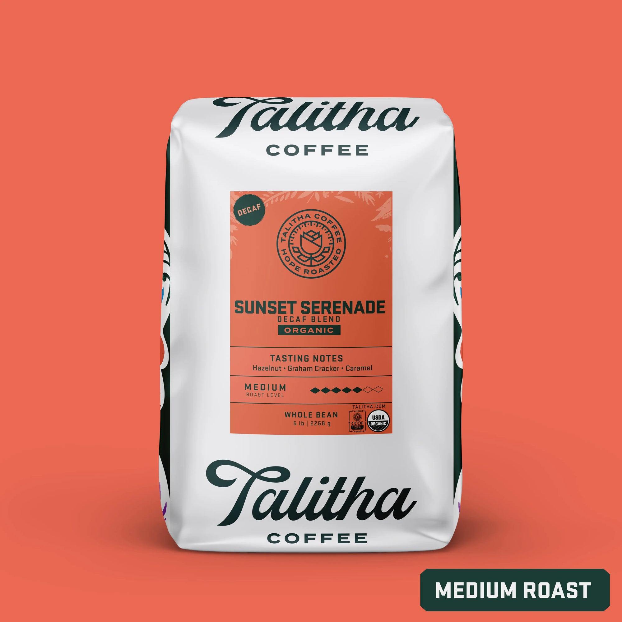 5 lb bag of Medium Roast Organic Decaf Talitha Sunset Serenade coffee