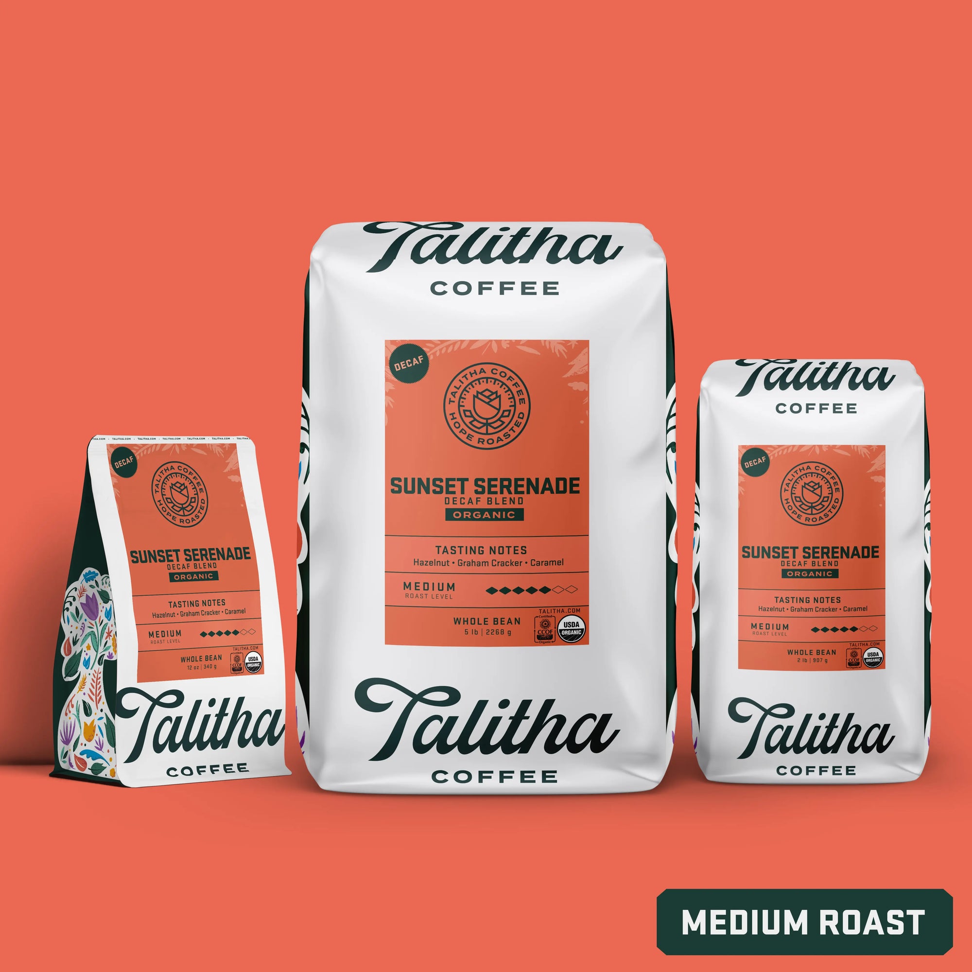 Bags of Talitha Sunset Serenade Decaf organic medium roast coffee