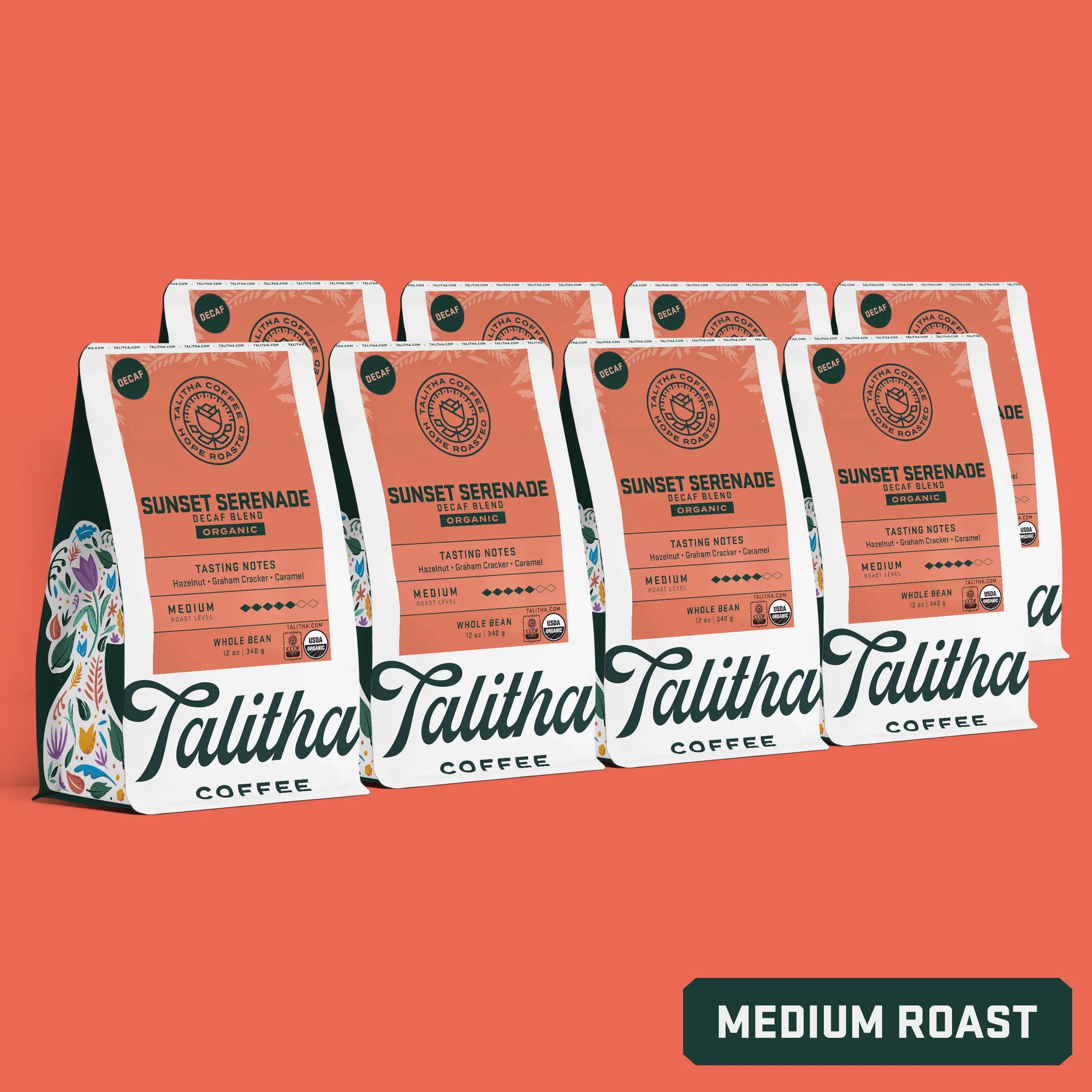 12 oz bags of Talitha Sunset Serenade  Decaf medium roast coffee