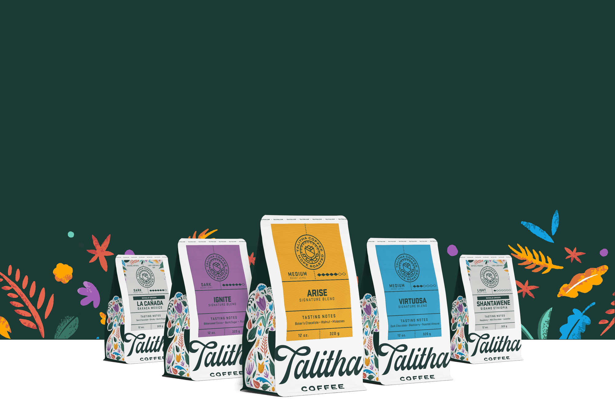 Talitha coffee bags with branded green and floral background
