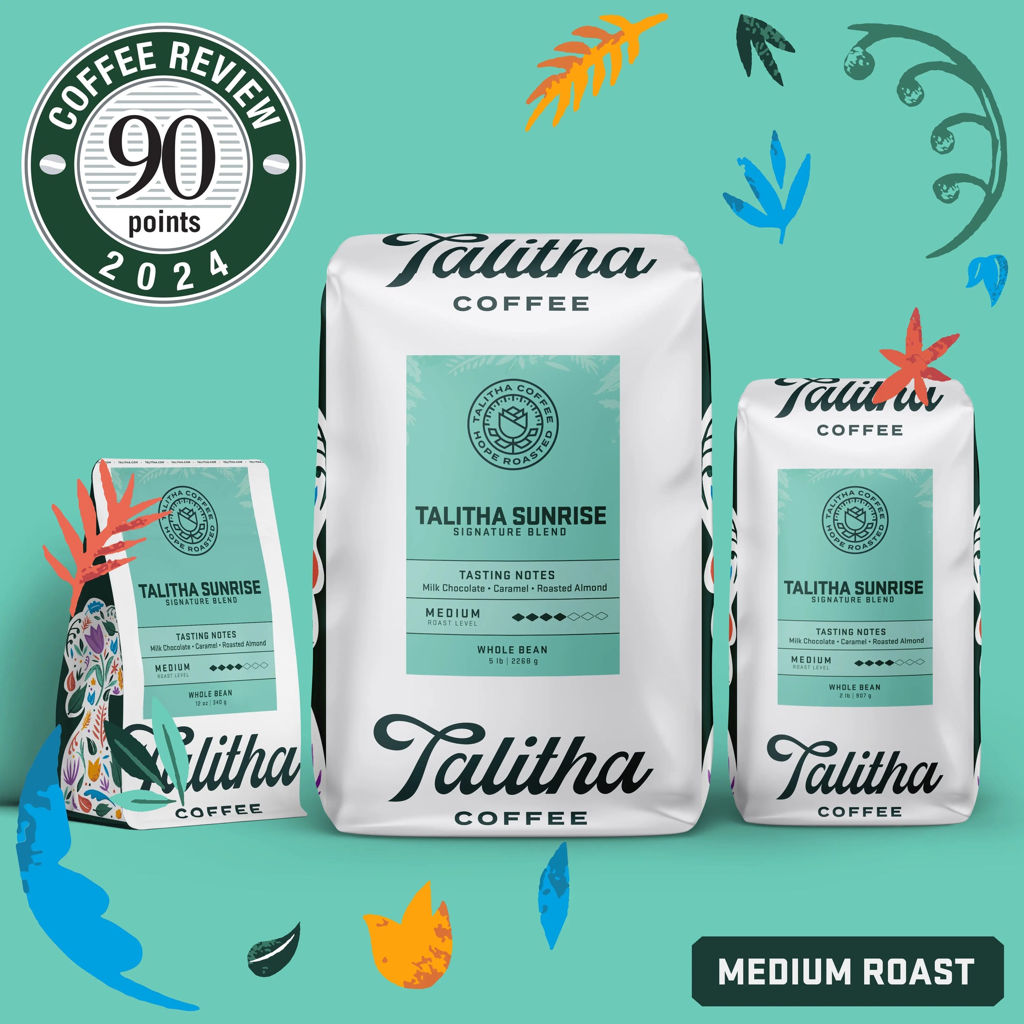 Bags of Talitha Sunrise blend medium roast coffee with coffee review sticker award score of 90 points in 2024