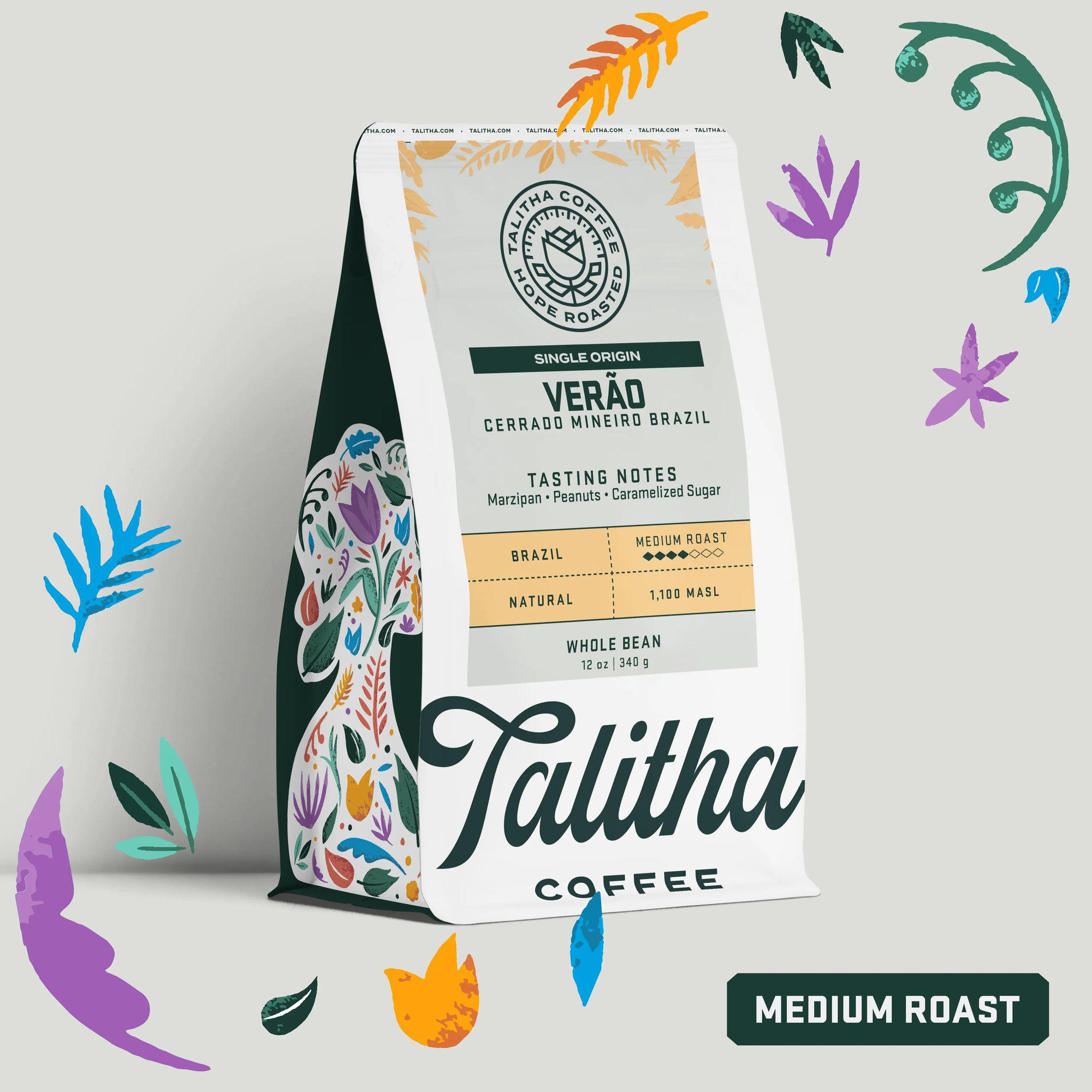 Talitha 12 oz Vero Brazil single origin medium roast organic coffee bag