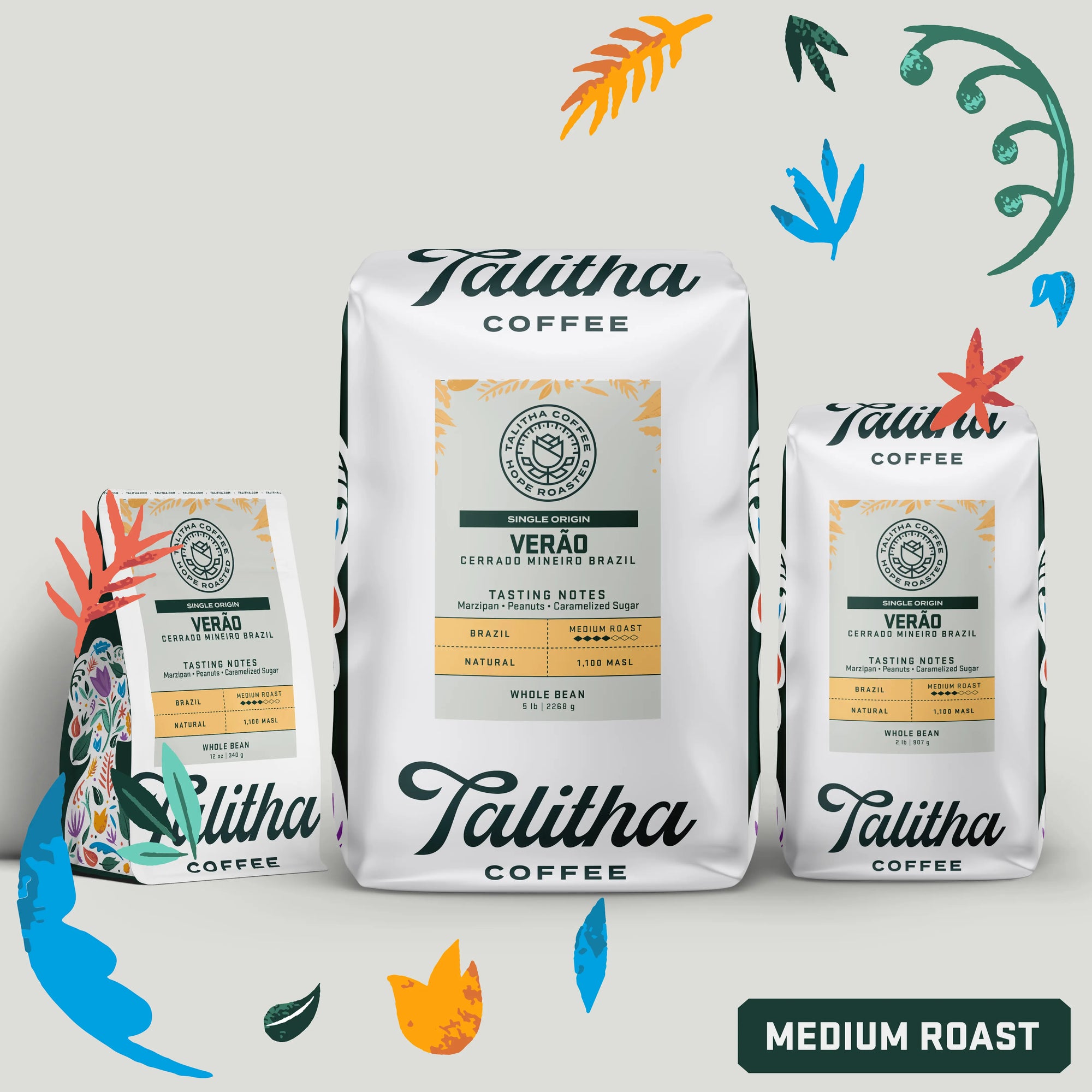 Three bags of Talitha Verao brazil single origin medium roast coffee on white background