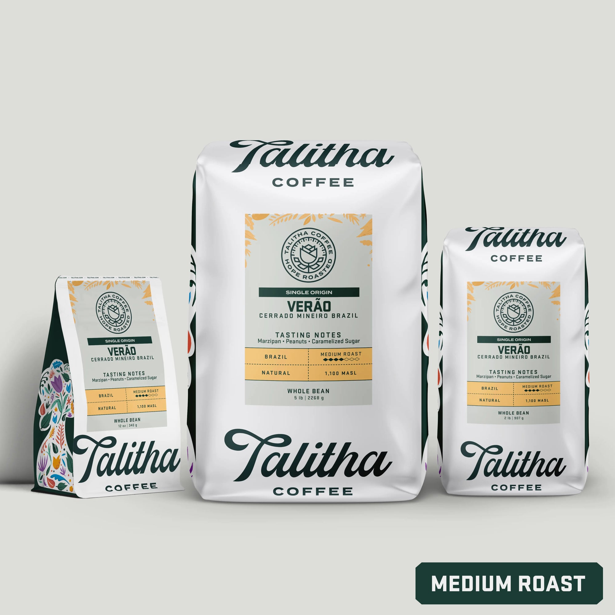 Medum roast blend - Multiple 12 oz bags of Talitha Verao blend on white background