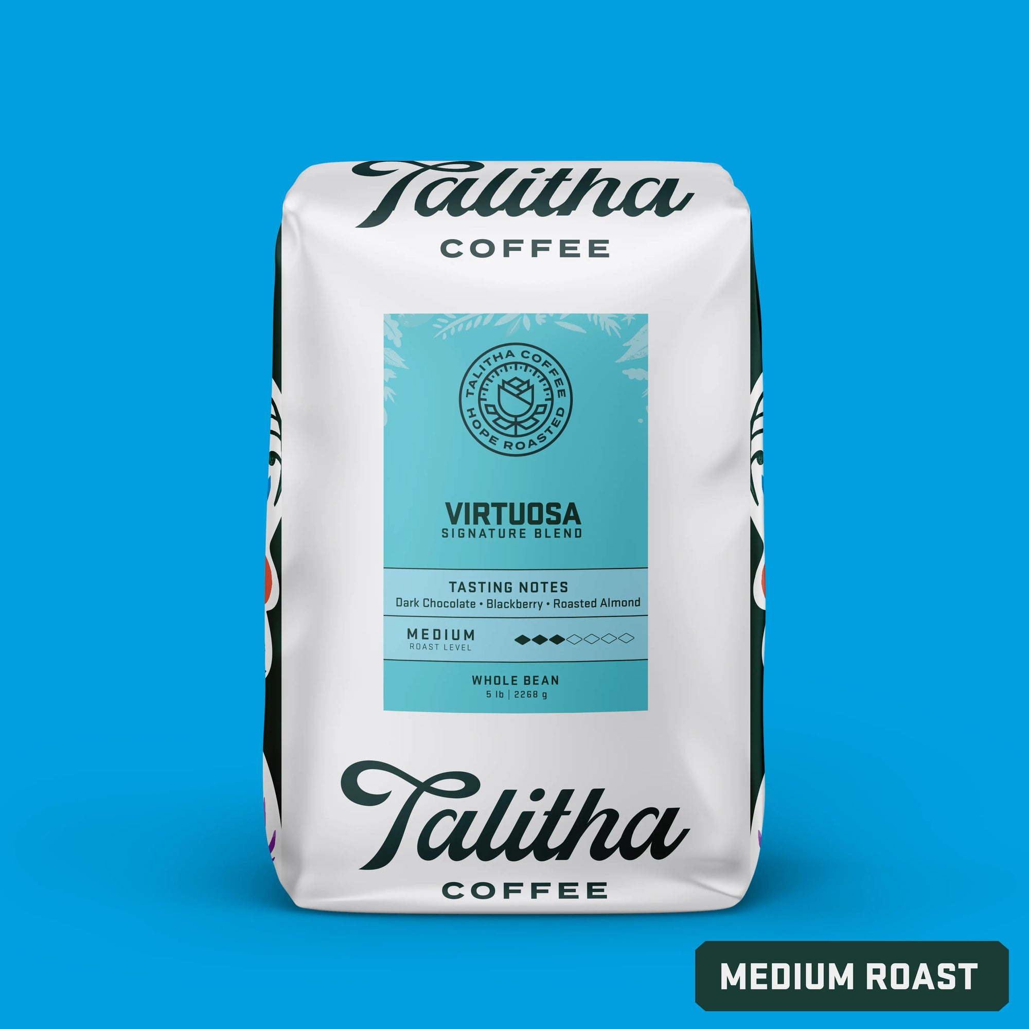 5 lb bag of medium roast Talitha Virtuosa blend on blue background