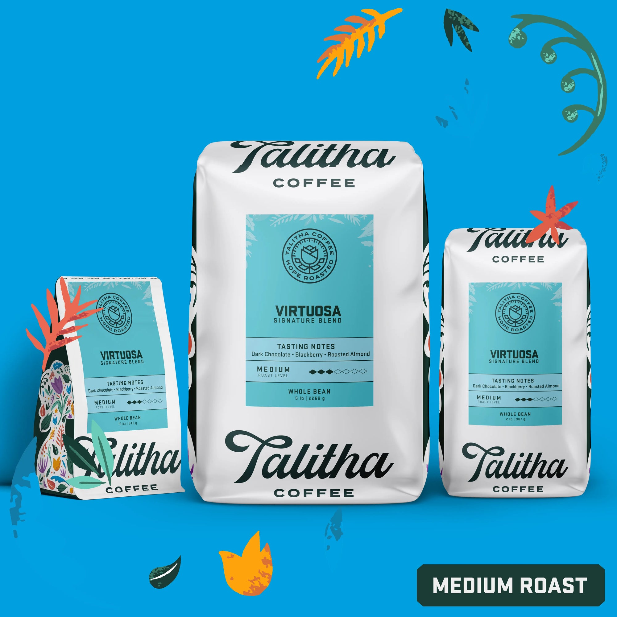bags of medium roast Talitha Virtuosa blend on blue background
